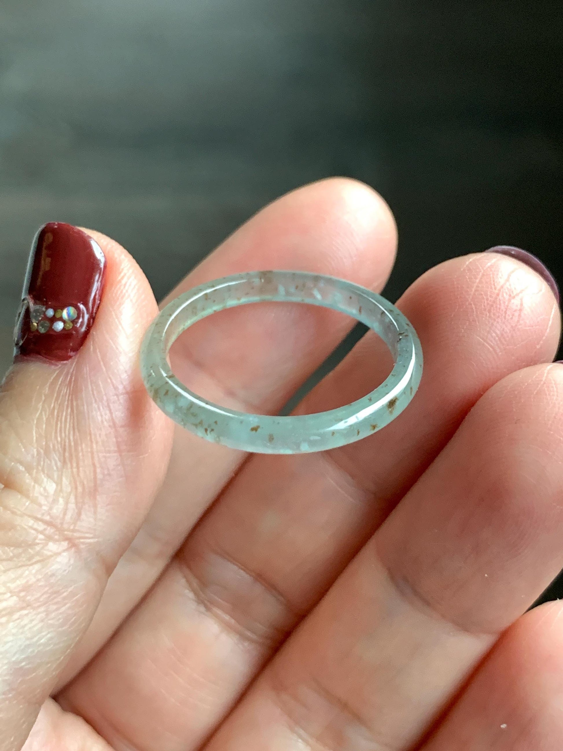 Natural Grade A Guatemalan Icy Highly Translucent Pastel Teal & Golden Marbled Jade Jadeite Band Ring Size 10.25 US 天然冰危起光晴底撒金翡翠戒圈 QSJ44E