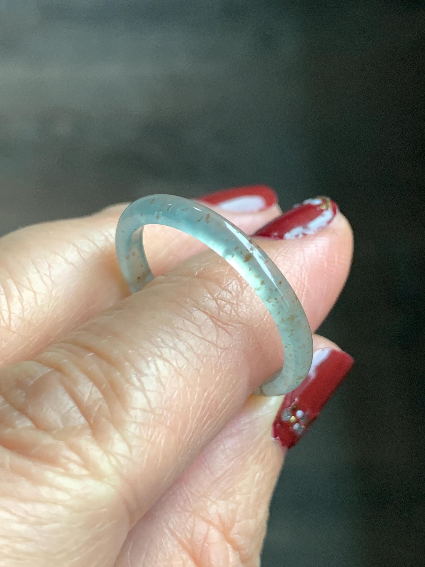 Natural Grade A Guatemalan Icy Highly Translucent Pastel Teal & Golden Marbled Jade Jadeite Band Ring Size 10.25 US 天然冰危起光晴底撒金翡翠戒圈 QSJ44E