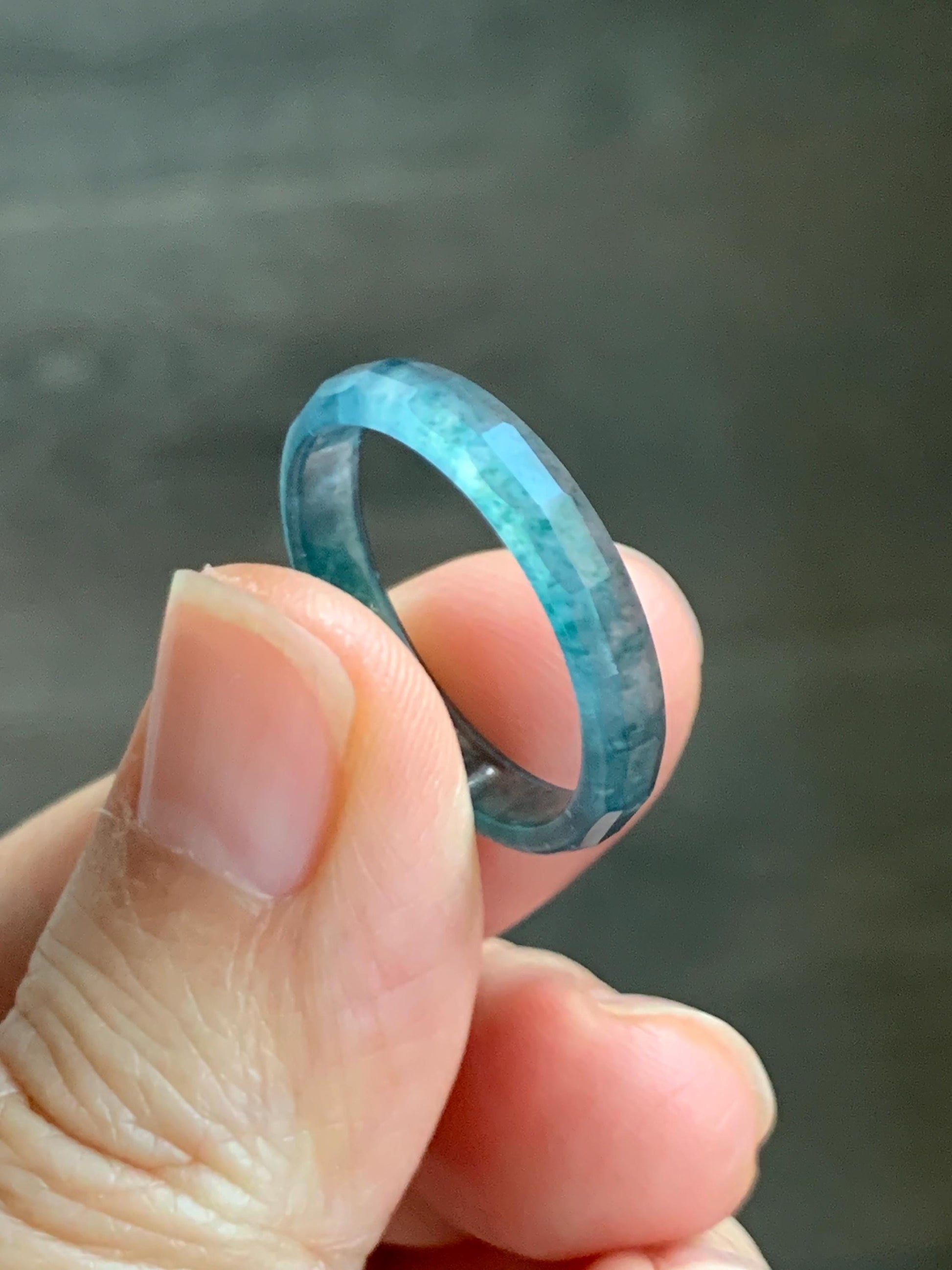 Natural Grade A Guatemalan Icy Highly Translucent Aegean Blue Jade Jadeite Faceted Band Ring Size 9 US 天然冰危牛仔蓝起光翡翠切割面戒圈 QGM220A