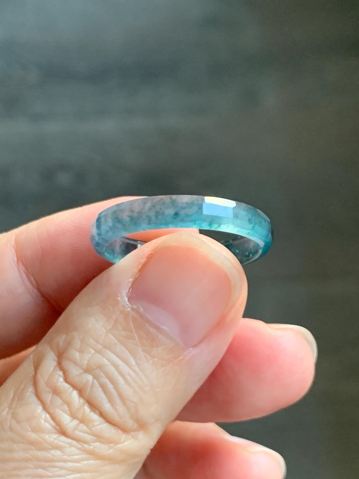 Natural Grade A Guatemalan Icy Highly Translucent Aegean Blue Jade Jadeite Faceted Band Ring Size 9 US 天然冰危牛仔蓝起光翡翠切割面戒圈 QGM220A