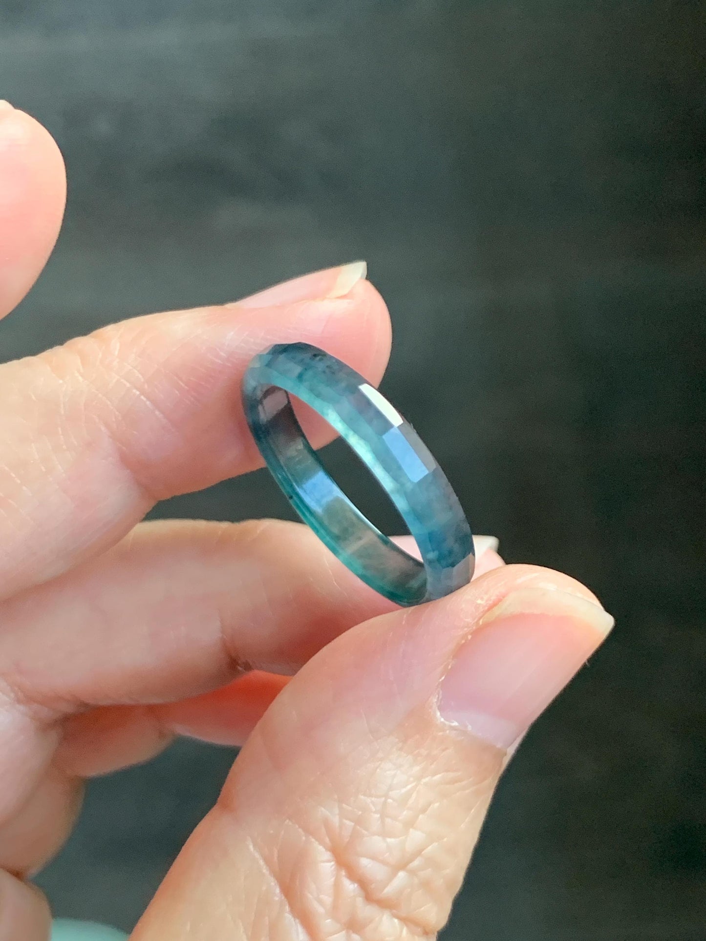 Natural Grade A Guatemalan Icy Highly Translucent Aegean Blue Jade Jadeite Faceted Band Ring Size 9 US 天然冰危牛仔蓝起光翡翠切割面戒圈 QGM220A