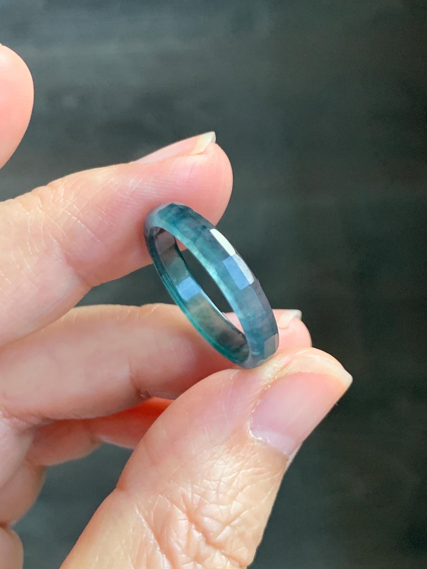 Natural Grade A Guatemalan Icy Highly Translucent Aegean Blue Jade Jadeite Faceted Band Ring Size 9 US 天然冰危牛仔蓝起光翡翠切割面戒圈 QGM220A