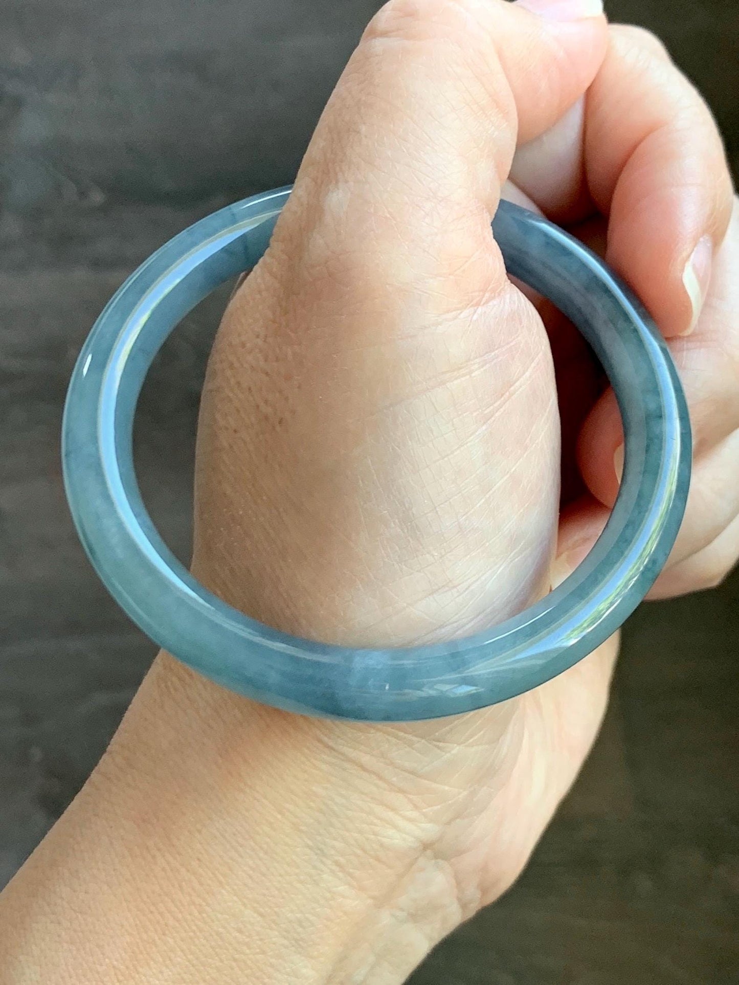 Certified Natural Grade A Guatemalan Icy Translucent Dusty Blue Marbled Jade Jadeite Bangle Bracelet 54.58mm 6.75” 29.8g 天然冰危蓝飘花翡翠圆条手镯 289