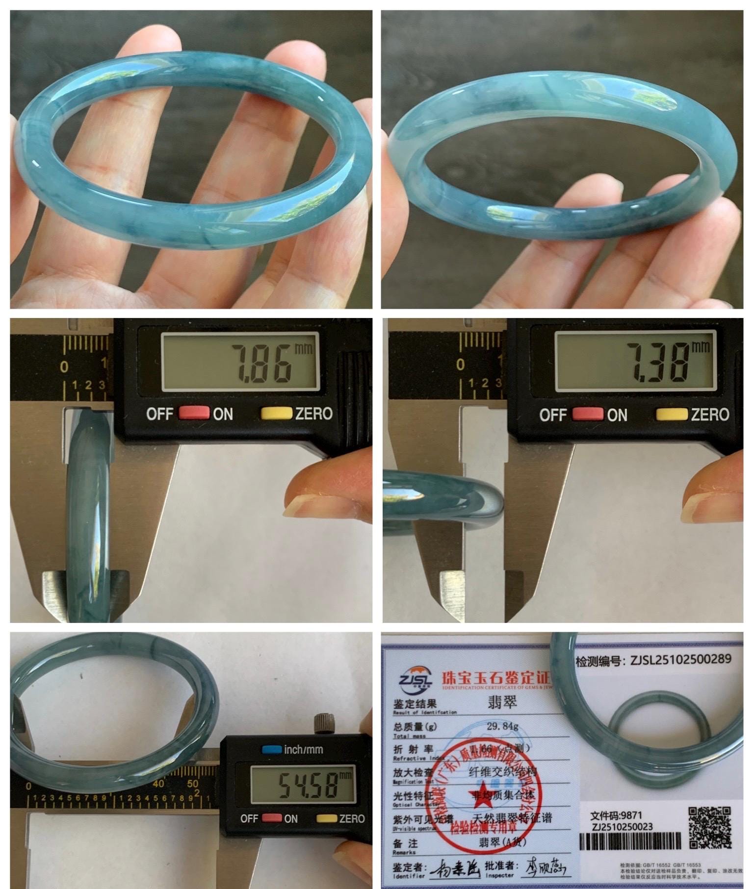 Certified Natural Grade A Guatemalan Icy Translucent Dusty Blue Marbled Jade Jadeite Bangle Bracelet 54.58mm 6.75” 29.8g 天然冰危蓝飘花翡翠圆条手镯 289