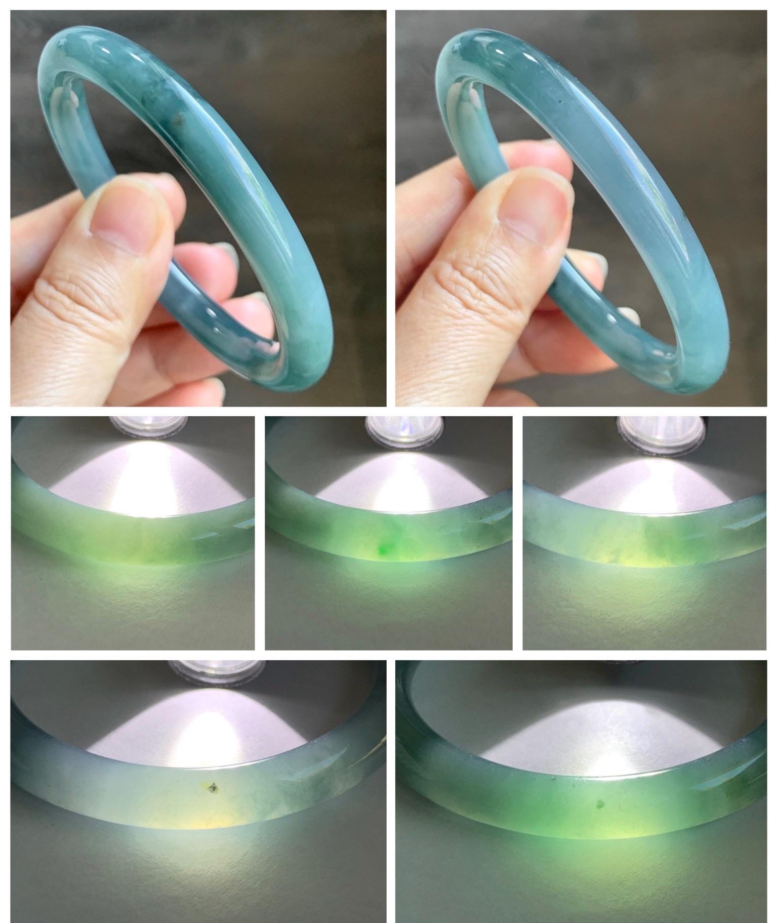 Certified Natural Grade A Guatemalan Icy Translucent Dark Teal Blue Marbled Jade Jadeite Bangle Bracelet 53.5mm 6.6” 30g 天然冰危深蓝飘花翡翠圆条手镯 715
