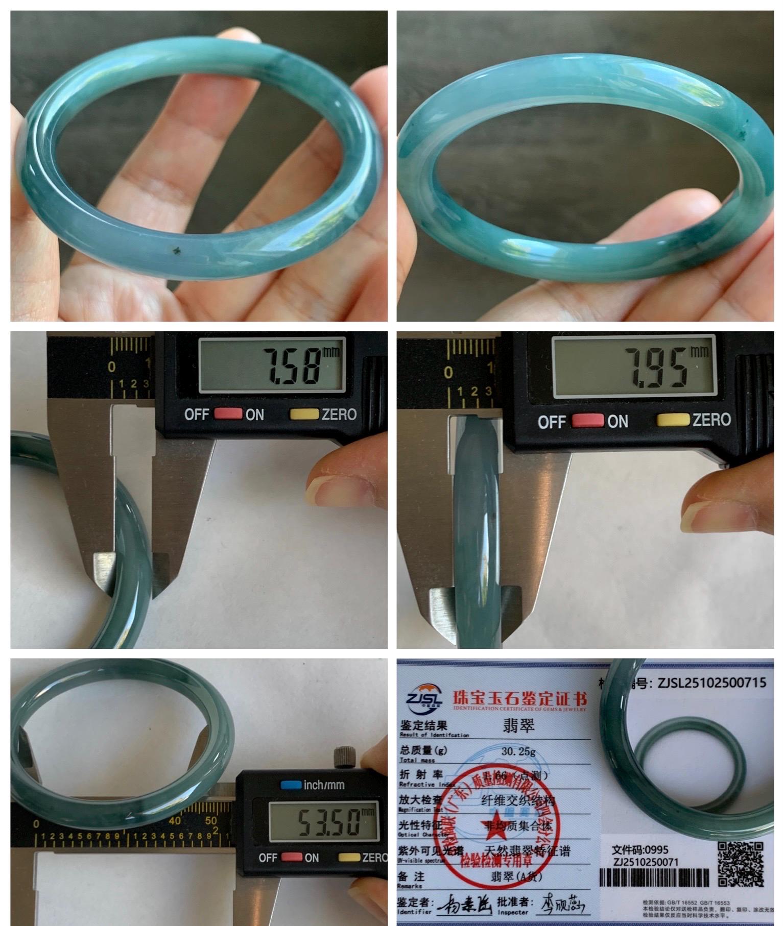 Certified Natural Grade A Guatemalan Icy Translucent Dark Teal Blue Marbled Jade Jadeite Bangle Bracelet 53.5mm 6.6” 30g 天然冰危深蓝飘花翡翠圆条手镯 715