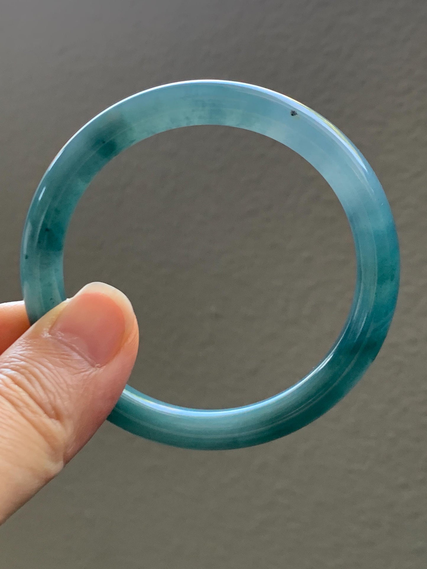 Certified Natural Grade A Guatemalan Icy Translucent Dark Teal Blue Marbled Jade Jadeite Bangle Bracelet 53.5mm 6.6” 30g 天然冰危深蓝飘花翡翠圆条手镯 715