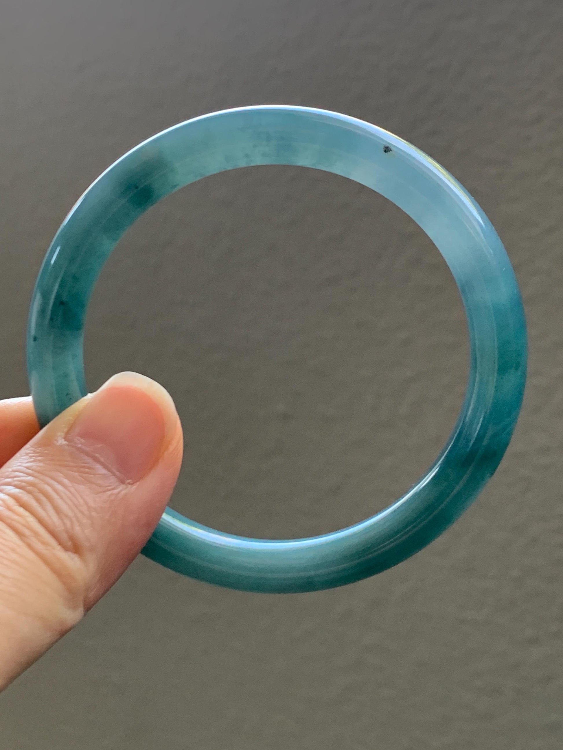 Certified Natural Grade A Guatemalan Icy Translucent Dark Teal Blue Marbled Jade Jadeite Bangle Bracelet 53.5mm 6.6” 30g 天然冰危深蓝飘花翡翠圆条手镯 715