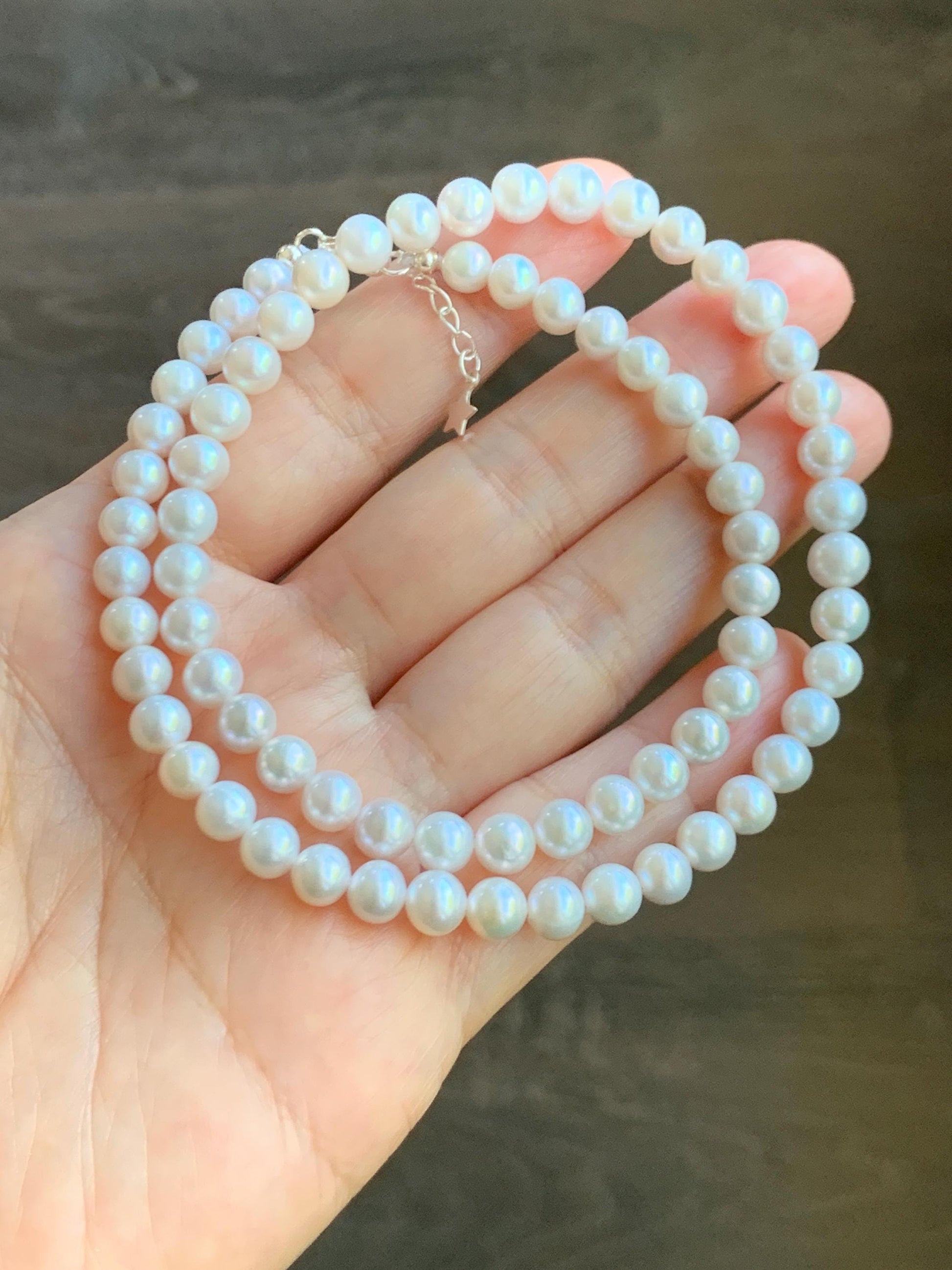 Natural Freshwater All-Nacre Metallica White Round Pearls Beaded Necklace Sterling Silver 5.7-6mm 16.5”-17” 18g 天然淡水无核白珍珠项链 WHZ560A