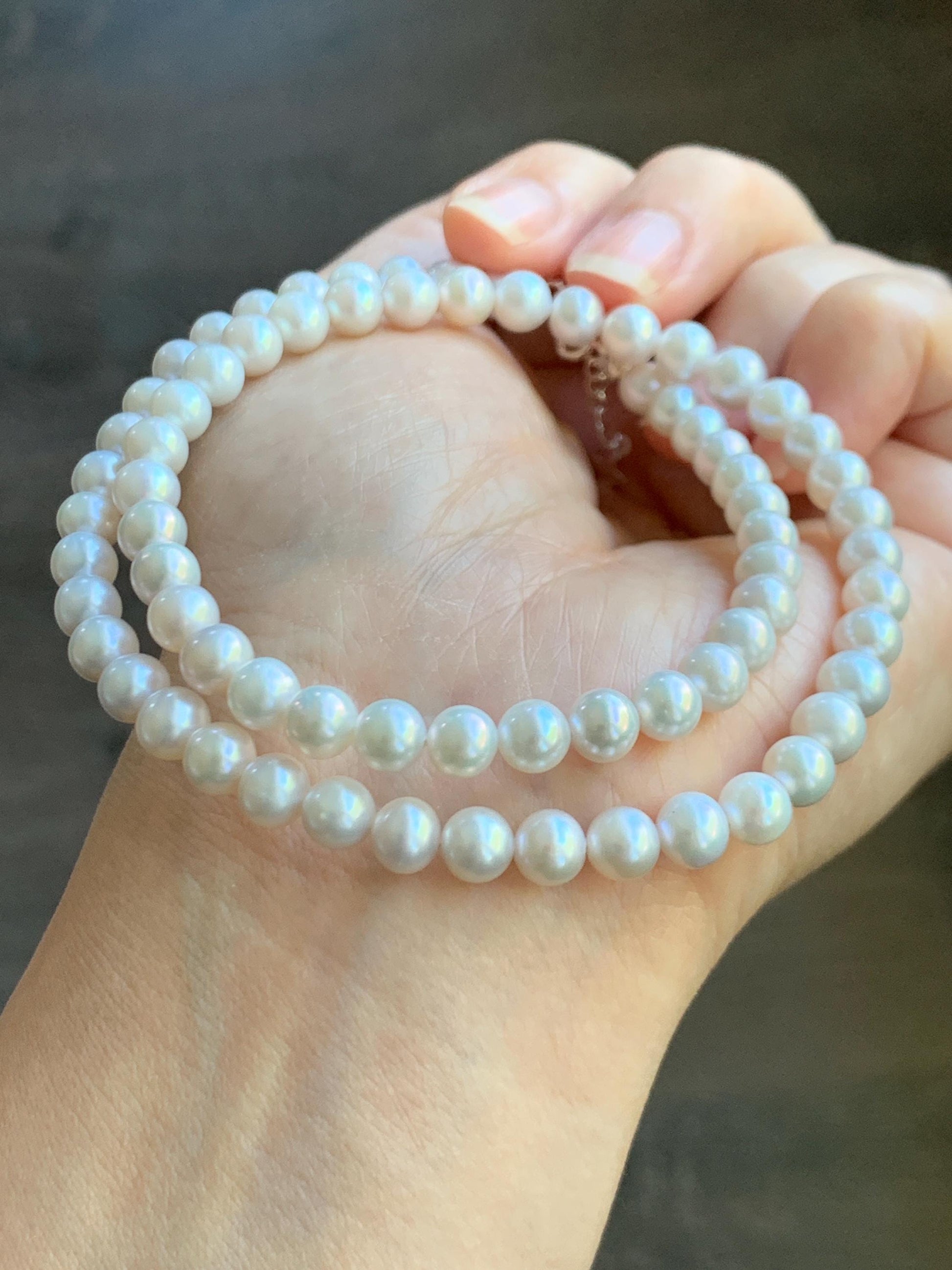 Natural Freshwater All-Nacre Metallica White Round Pearls Beaded Necklace Sterling Silver 5.7-6mm 16.5”-17” 18g 天然淡水无核白珍珠项链 WHZ560A
