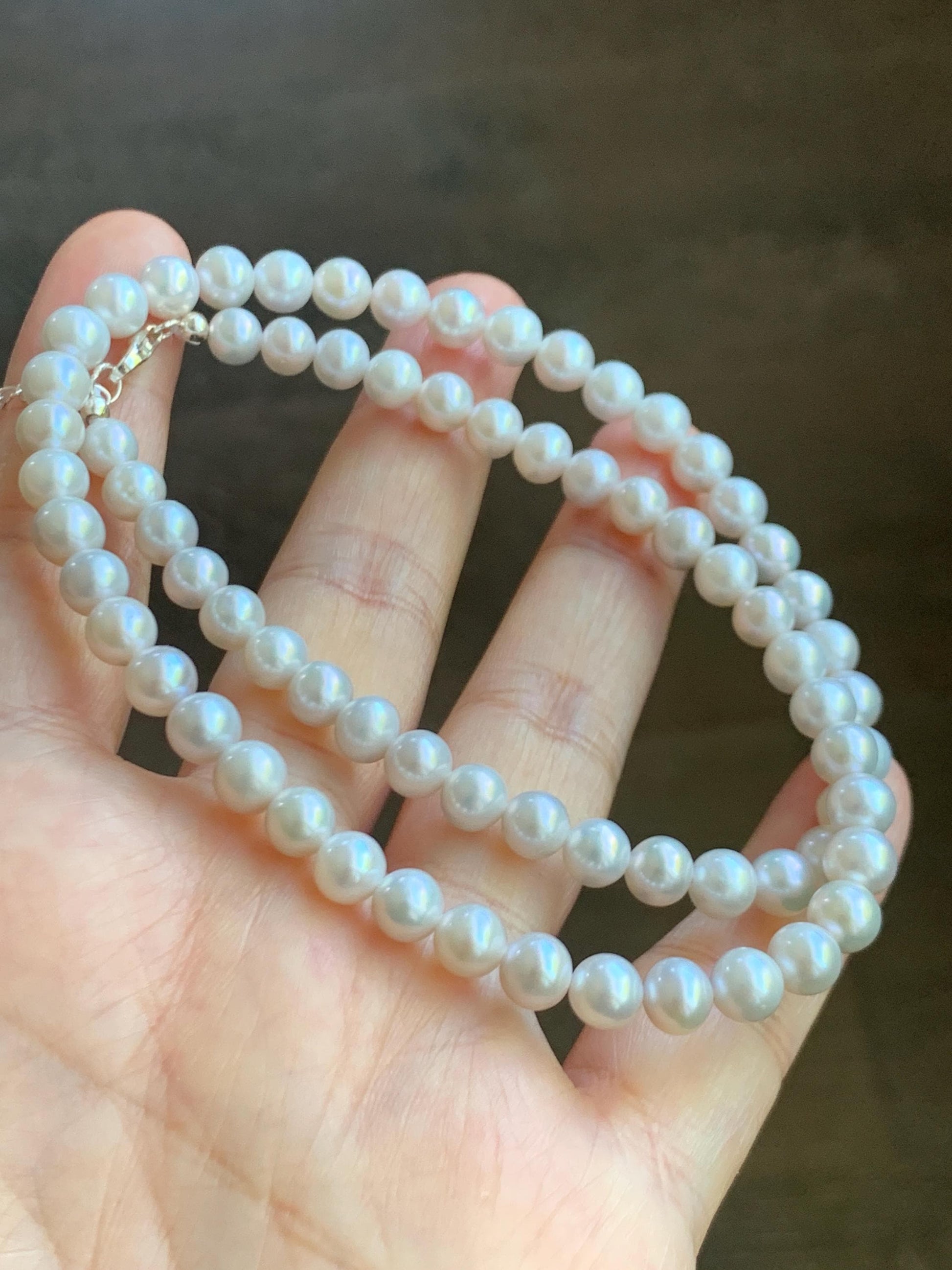 Natural Freshwater All-Nacre Metallica White Round Pearls Beaded Necklace Sterling Silver 5.7-6mm 16.5”-17” 18g 天然淡水无核白珍珠项链 WHZ560A
