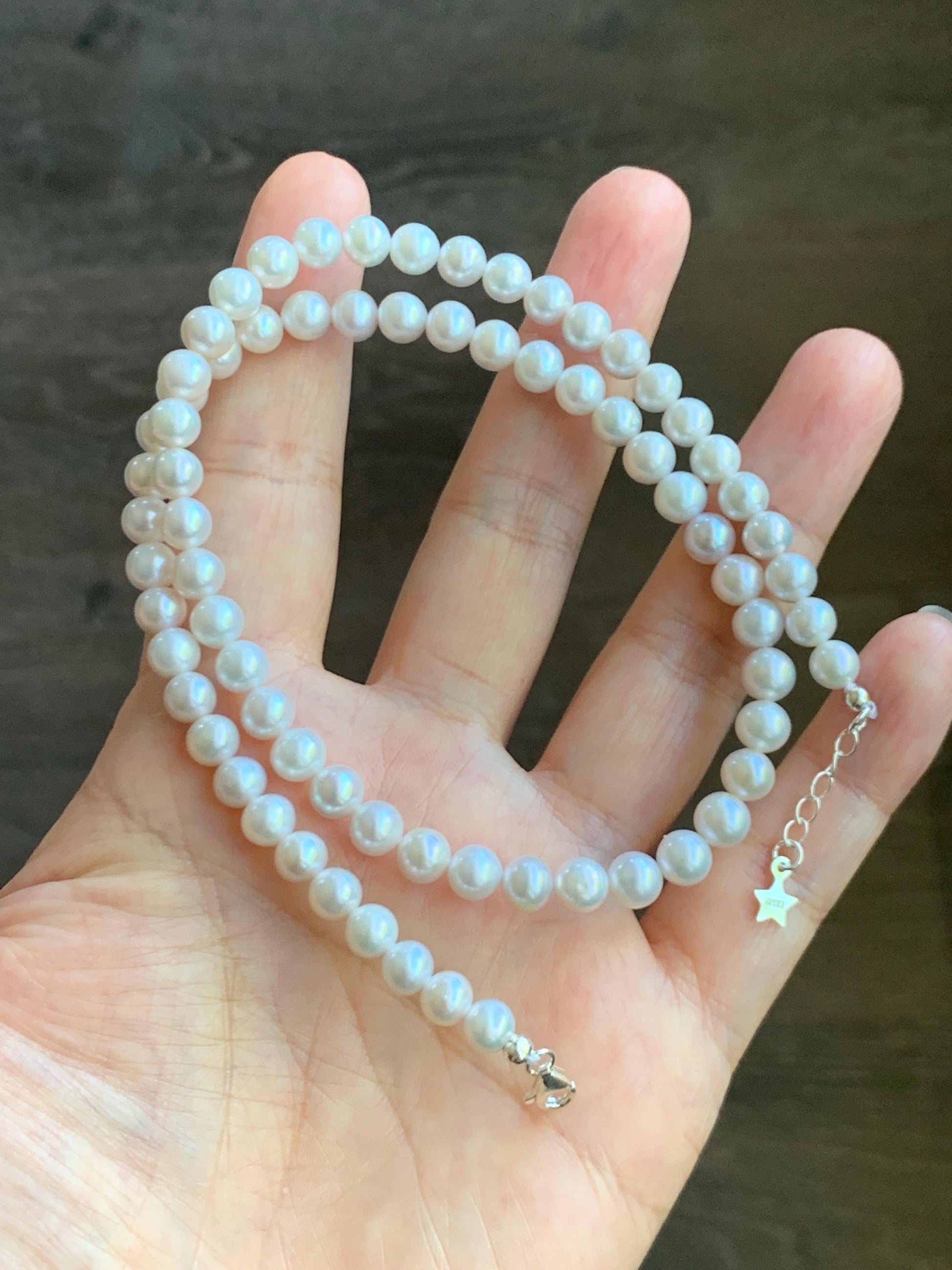 Natural Freshwater All-Nacre Metallica White Round Pearls Beaded Necklace Sterling Silver 5.7-6mm 16.5”-17” 18g 天然淡水无核白珍珠项链 WHZ560A