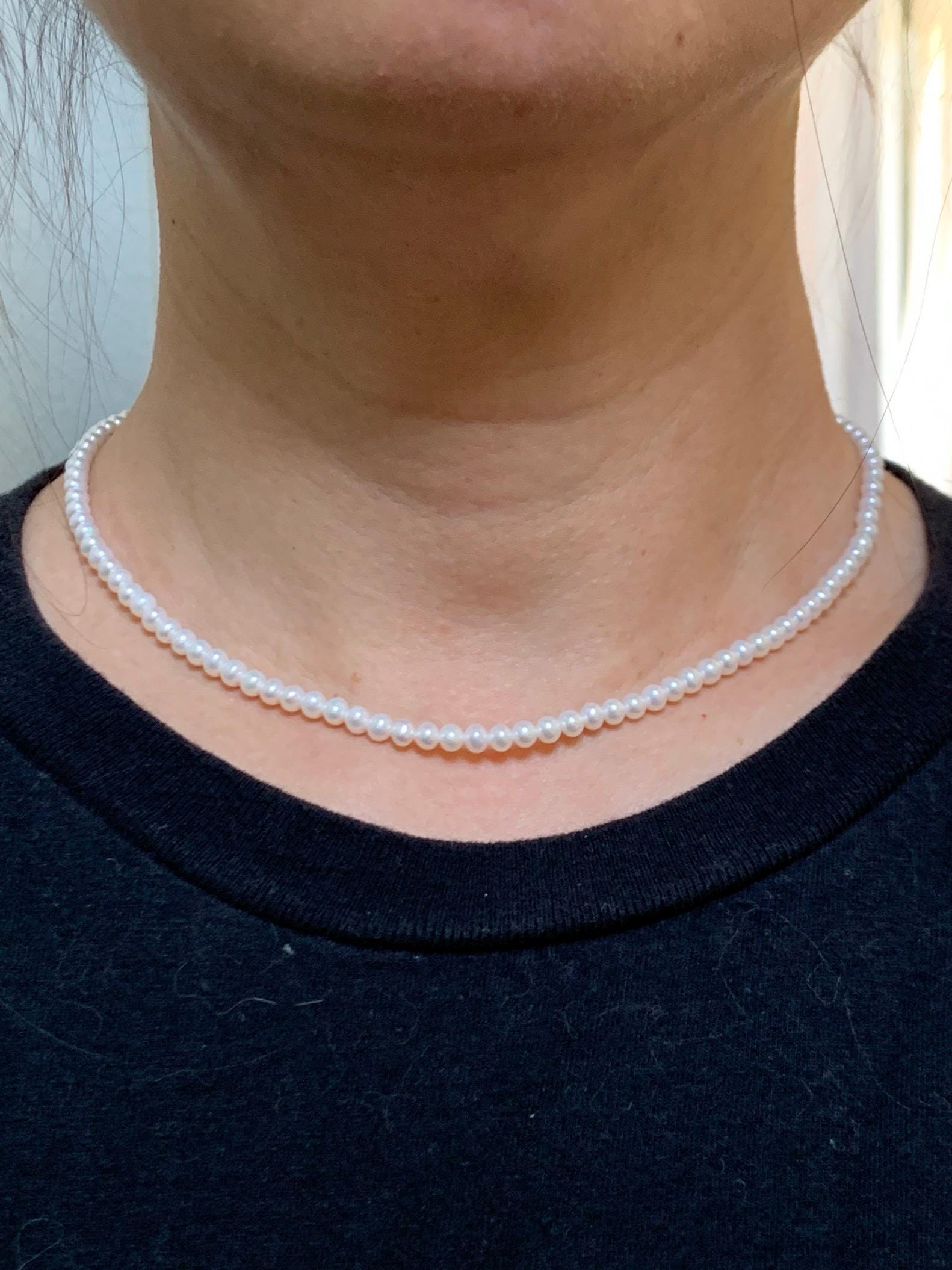 Natural Freshwater All-Nacre Metallica White Mini Round Pearls Beaded Necklace Sterling Silver 4-4.16mm 16”-16.75” 9g 天然淡水无核白珍珠项链 MWHZ560A