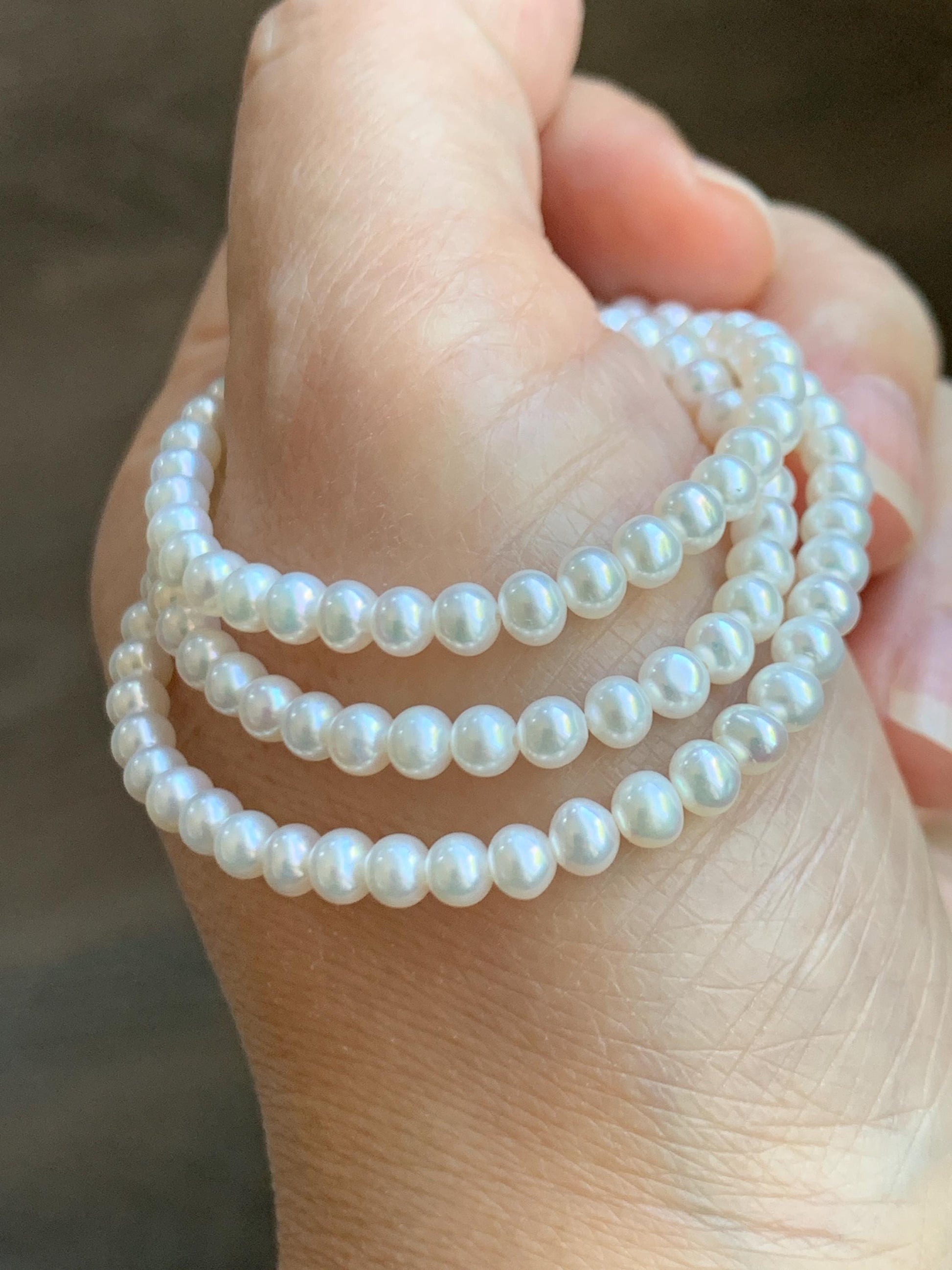 Natural Freshwater All-Nacre Metallica White Mini Round Pearls Beaded Necklace Sterling Silver 4-4.16mm 16”-16.75” 9g 天然淡水无核白珍珠项链 MWHZ560A