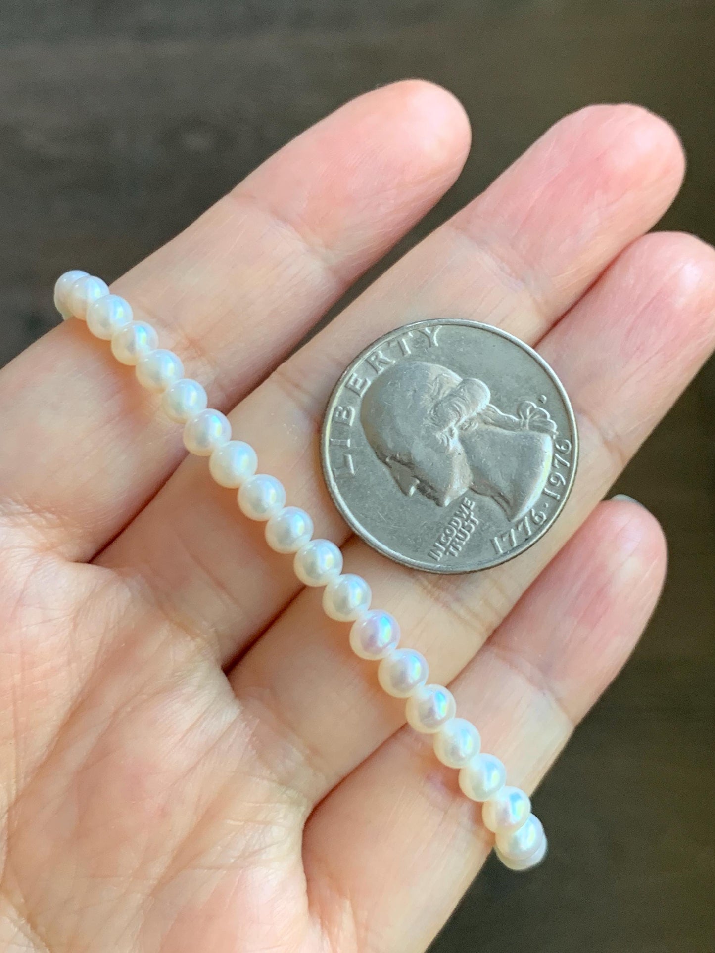 Natural Freshwater All-Nacre Metallica White Mini Round Pearls Beaded Necklace Sterling Silver 4-4.7mm 15.75”-16.5” 10g 天然淡水无核白珍珠项链 MWHZ560B