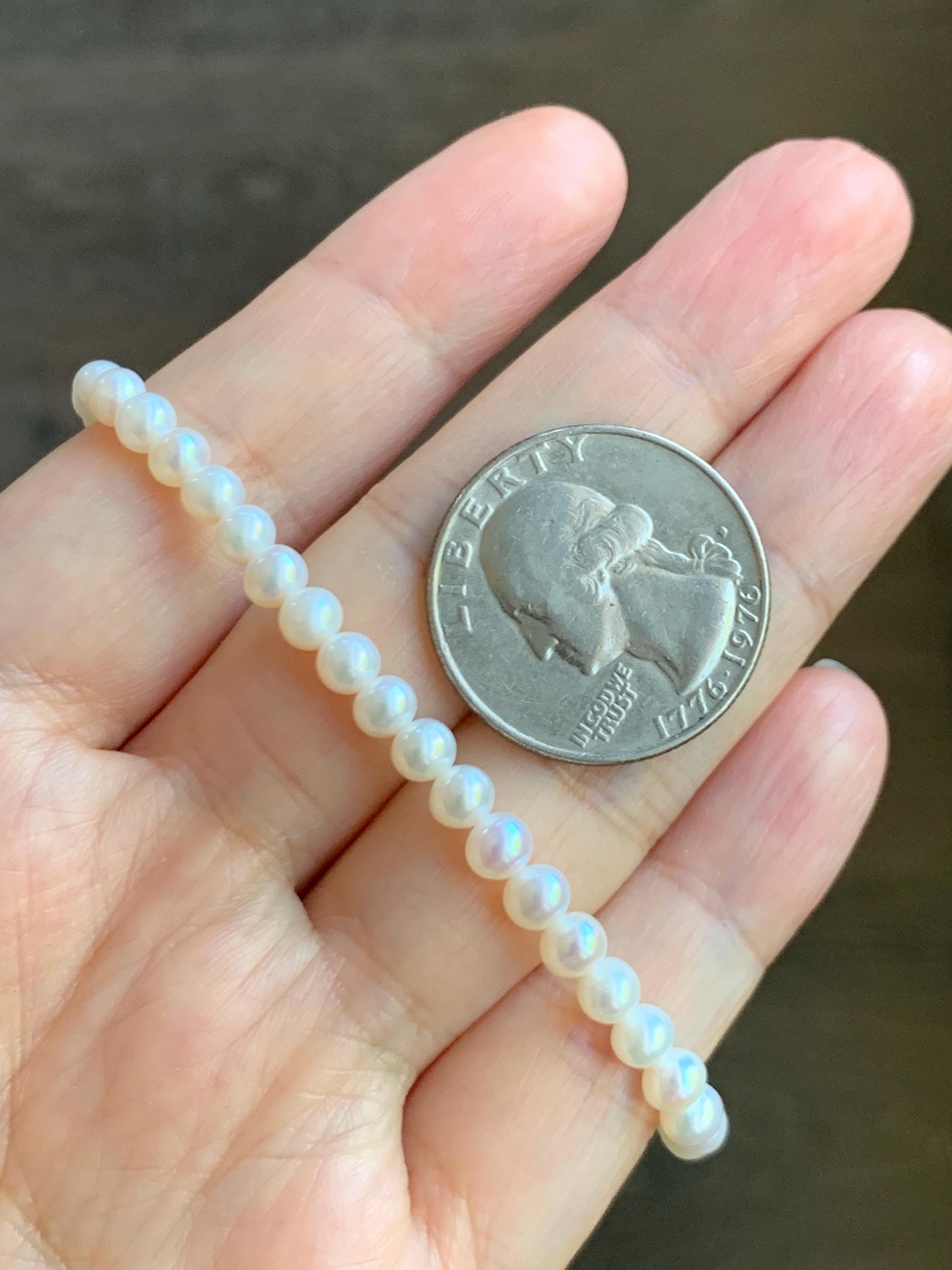 Natural Freshwater All-Nacre Metallica White Mini Round Pearls Beaded Necklace Sterling Silver 4-4.7mm 15.75”-16.5” 10g 天然淡水无核白珍珠项链 MWHZ560B