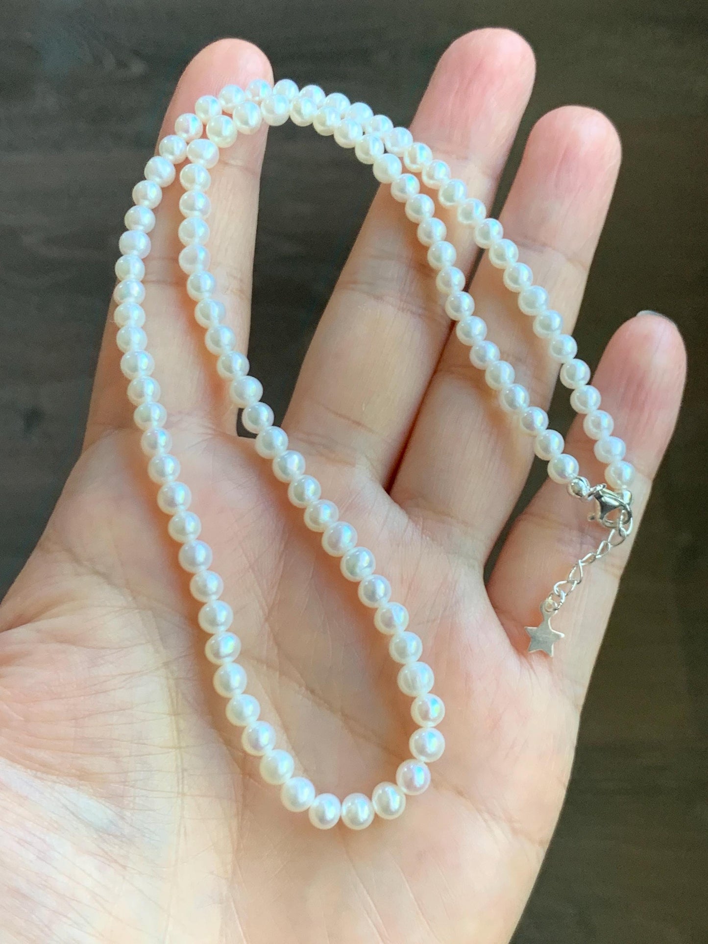 Natural Freshwater All-Nacre Metallica White Mini Round Pearls Beaded Necklace Sterling Silver 4-4.7mm 15.75”-16.5” 10g 天然淡水无核白珍珠项链 MWHZ560B