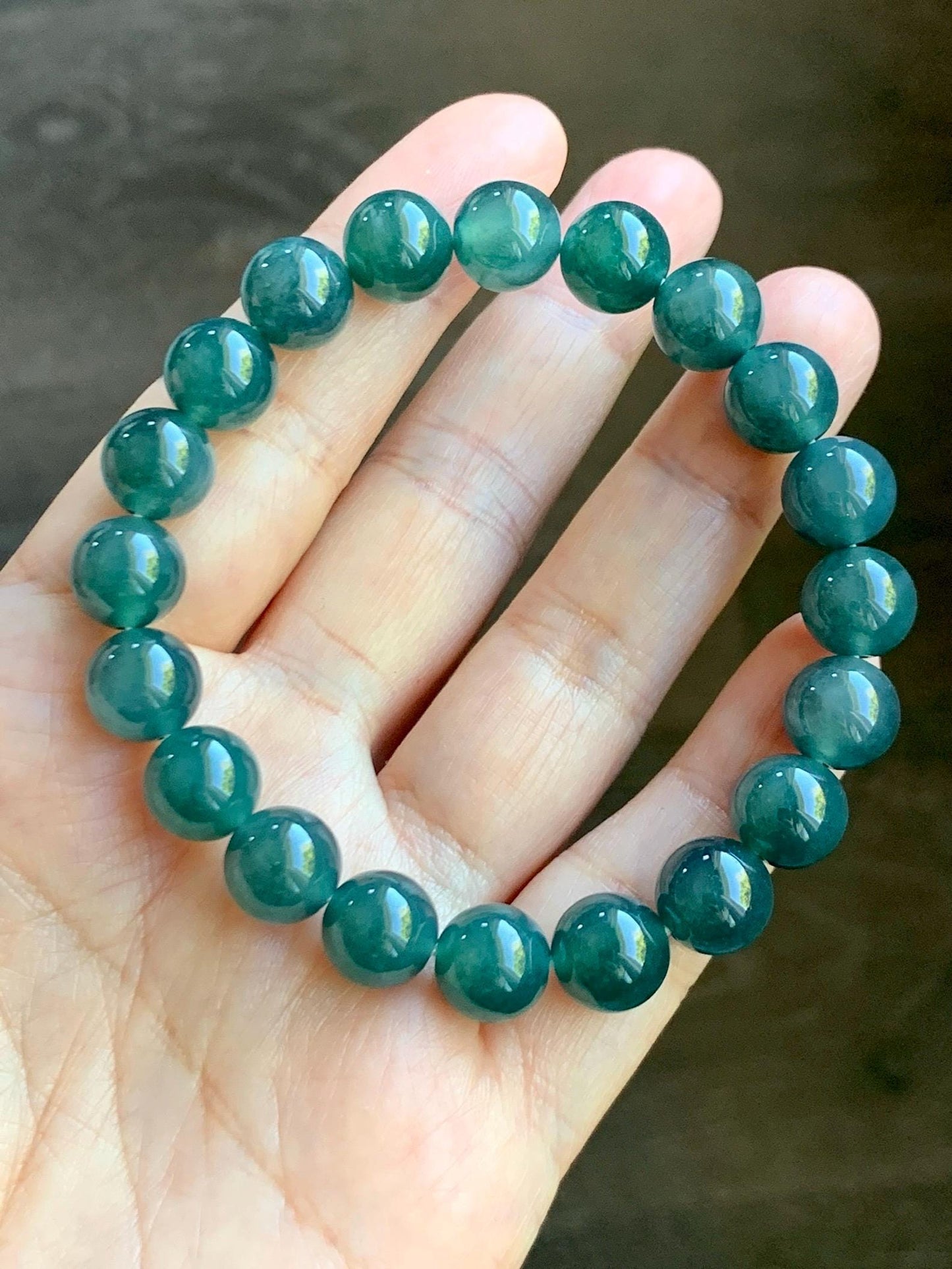 Natural Guatemalan Grade A Icy Translucent Gelatinous Dark Teal Green Jade Jadeite Beaded Bracelet 9.8mm 7.25” 33g 天然冰危深蓝绿翡翠圆珠手串 SWL188