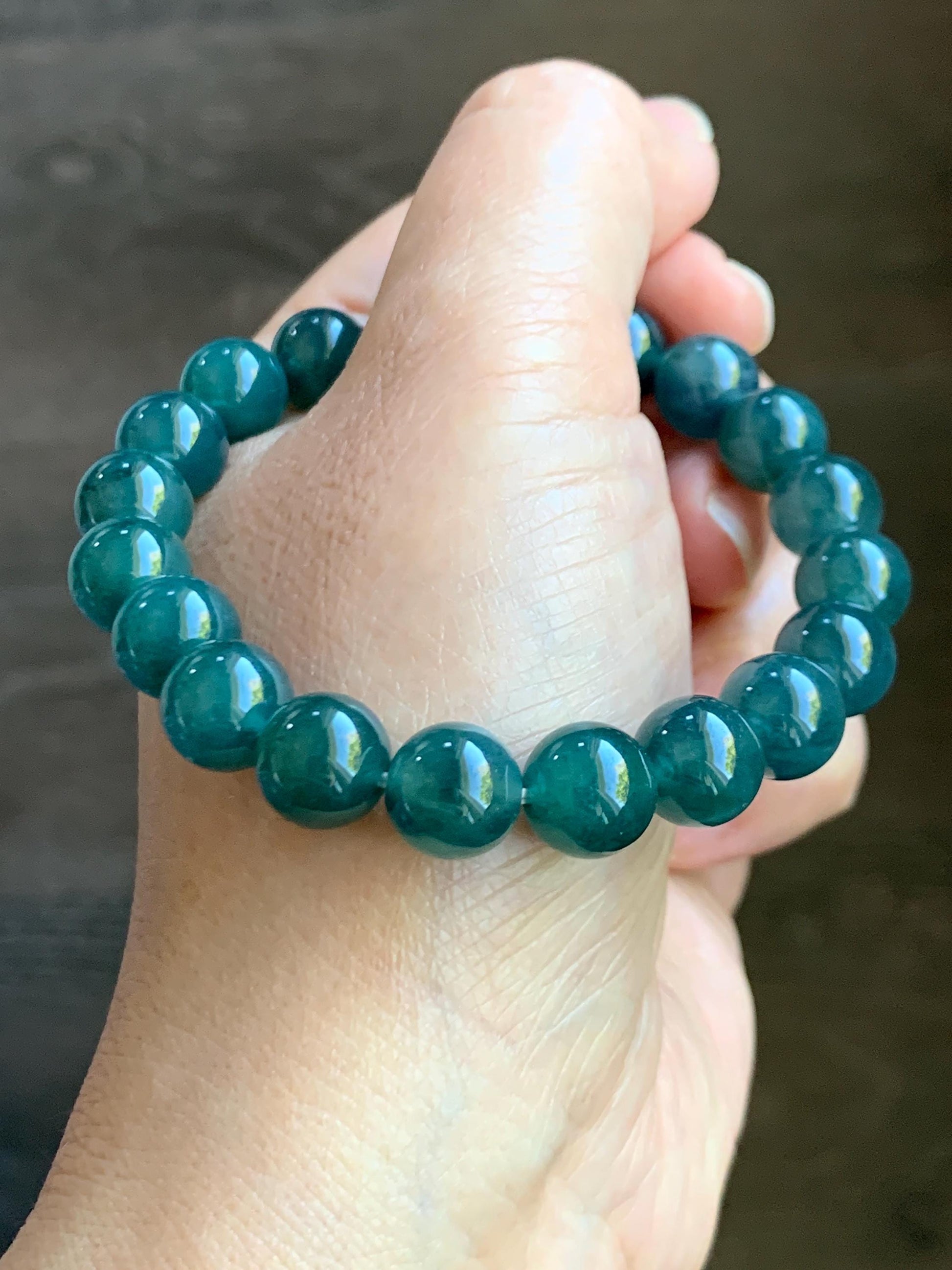 Natural Guatemalan Grade A Icy Translucent Gelatinous Dark Teal Green Jade Jadeite Beaded Bracelet 9.8mm 7.25” 33g 天然冰危深蓝绿翡翠圆珠手串 SWL188