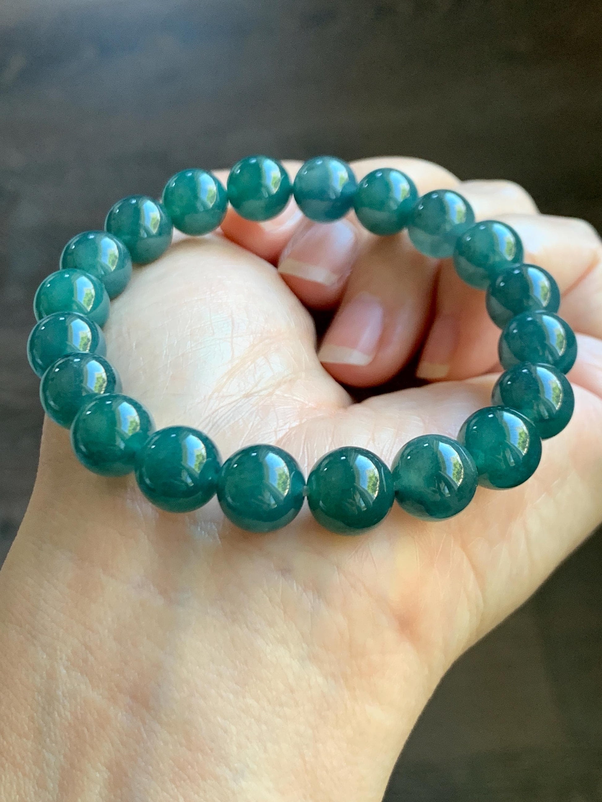 Natural Guatemalan Grade A Icy Translucent Gelatinous Dark Teal Green Jade Jadeite Beaded Bracelet 9.8mm 7.25” 33g 天然冰危深蓝绿翡翠圆珠手串 SWL188