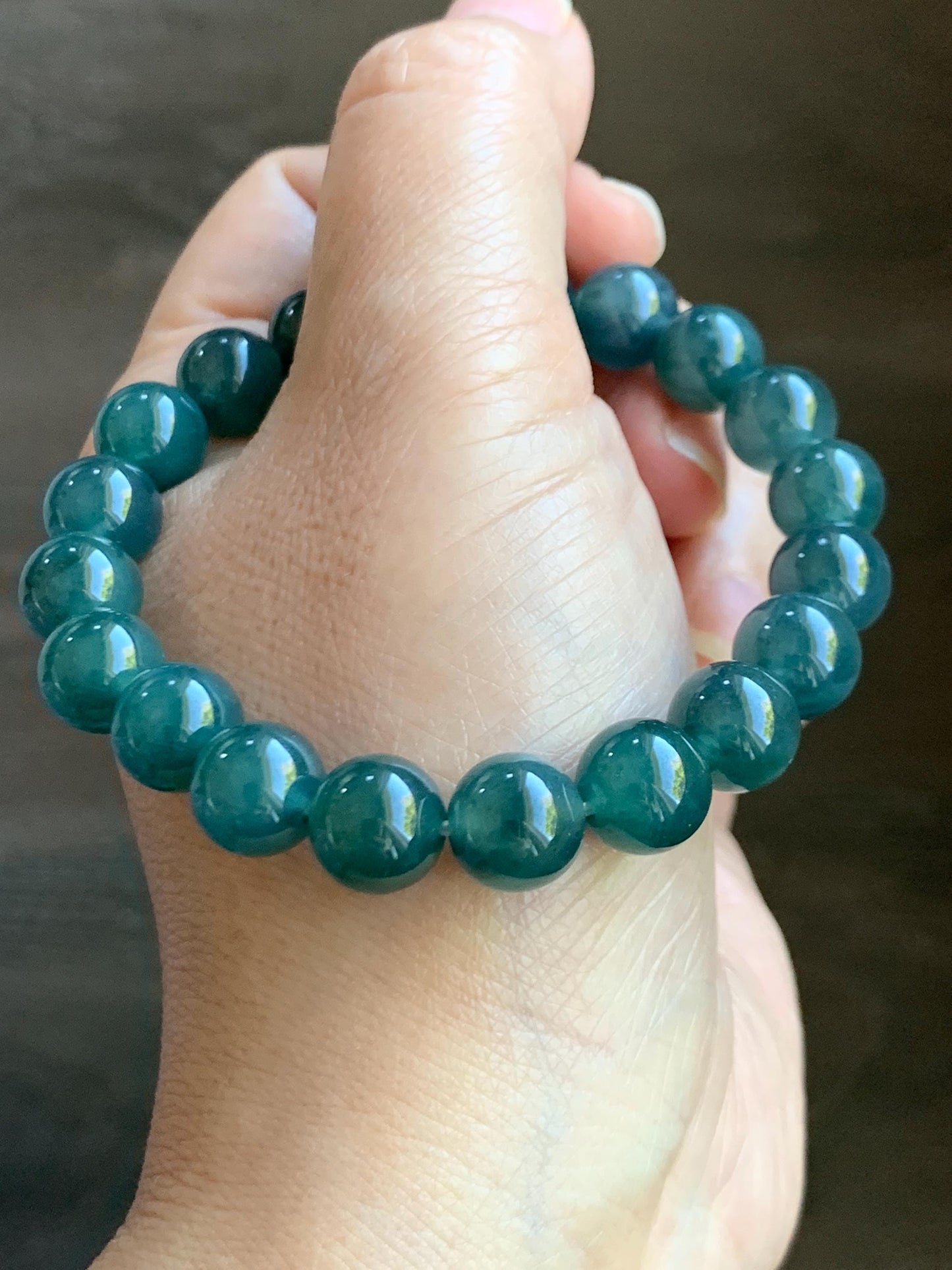 Natural Guatemalan Grade A Icy Translucent Gelatinous Dark Teal Green Jade Jadeite Beaded Bracelet 9.8mm 7.25” 33g 天然冰危深蓝绿翡翠圆珠手串 SWL188