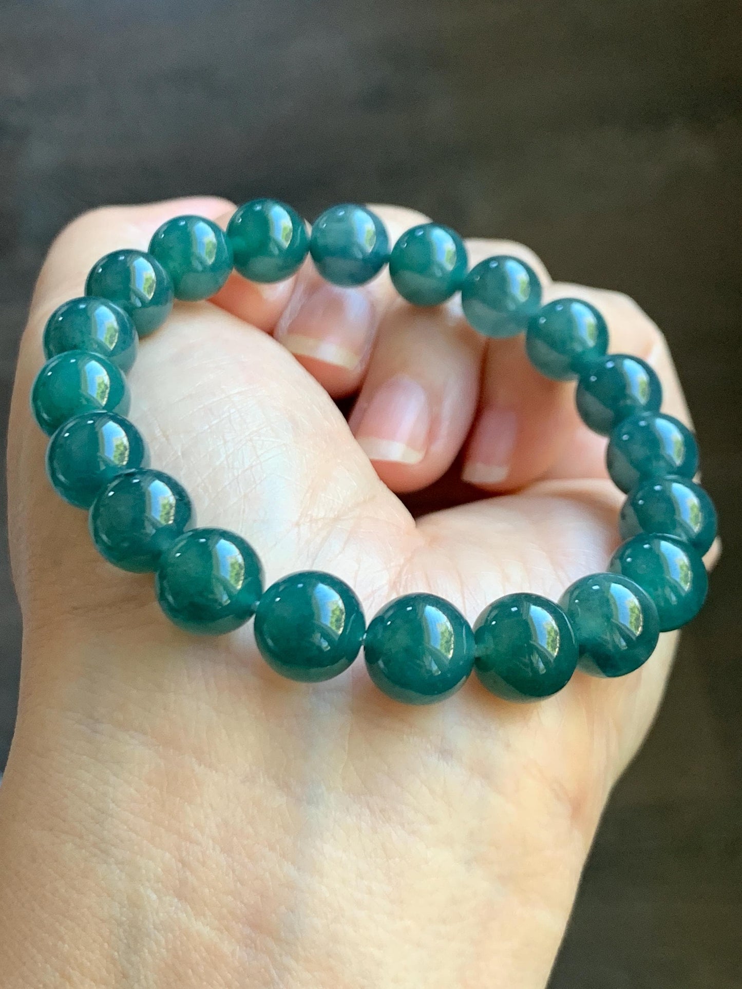 Natural Guatemalan Grade A Icy Translucent Gelatinous Dark Teal Green Jade Jadeite Beaded Bracelet 9.8mm 7.25” 33g 天然冰危深蓝绿翡翠圆珠手串 SWL188