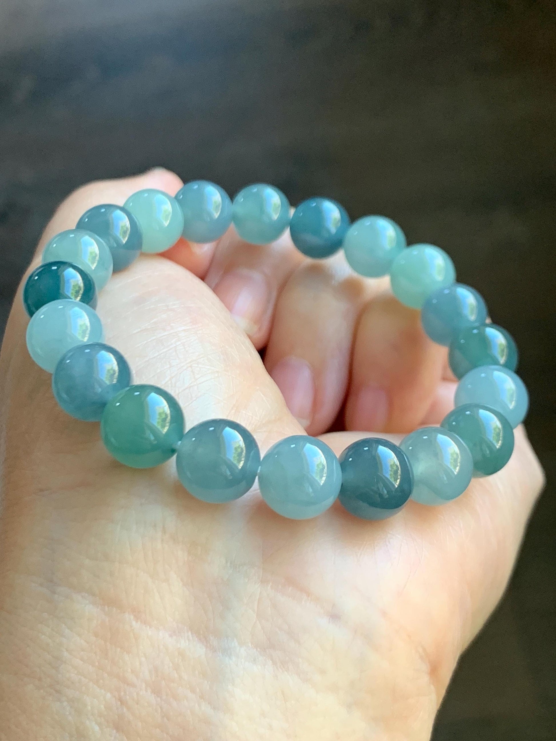 Natural Grade A Guatemalan Icy Highly Translucent Gelatinous Multicolored Jade Jadeite Beaded Bracelet 9.6mm 7” 30g 天然老种冰危蓝水多宝翡翠手串 DWDB240