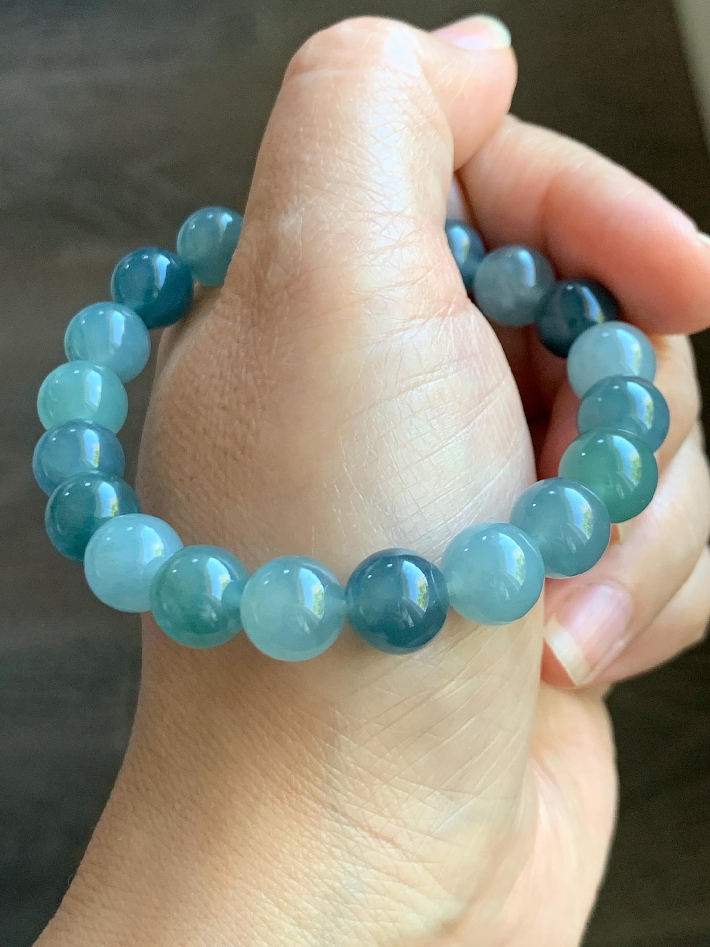 Natural Grade A Guatemalan Icy Highly Translucent Gelatinous Multicolored Jade Jadeite Beaded Bracelet 9.6mm 7” 30g 天然老种冰危蓝水多宝翡翠手串 DWDB240