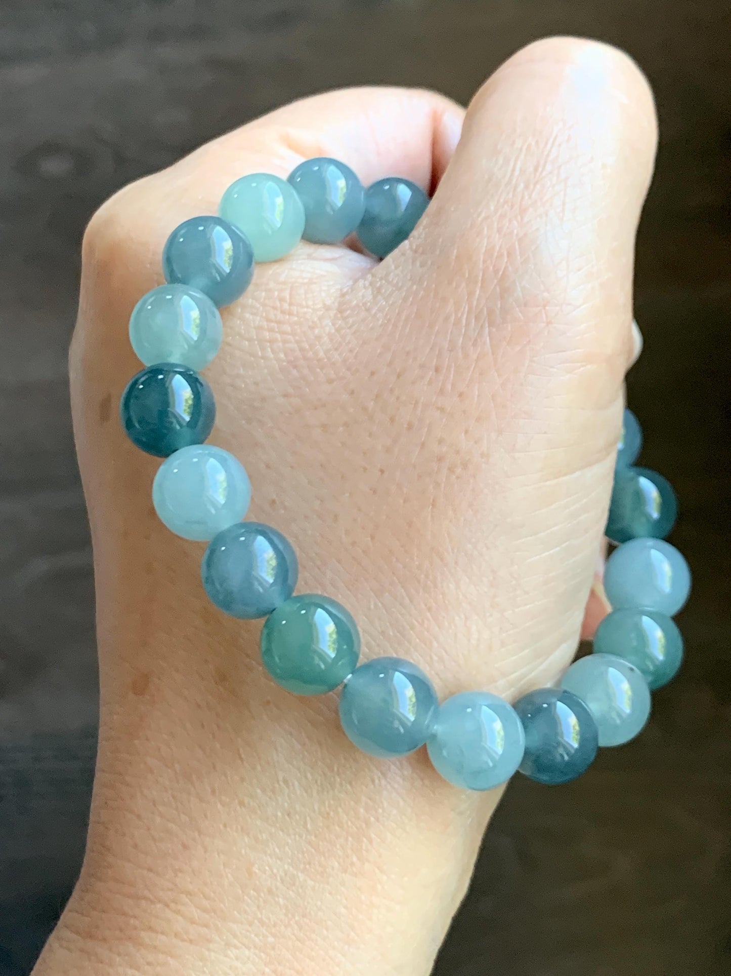 Natural Grade A Guatemalan Icy Highly Translucent Gelatinous Multicolored Jade Jadeite Beaded Bracelet 9.6mm 7” 30g 天然老种冰危蓝水多宝翡翠手串 DWDB240