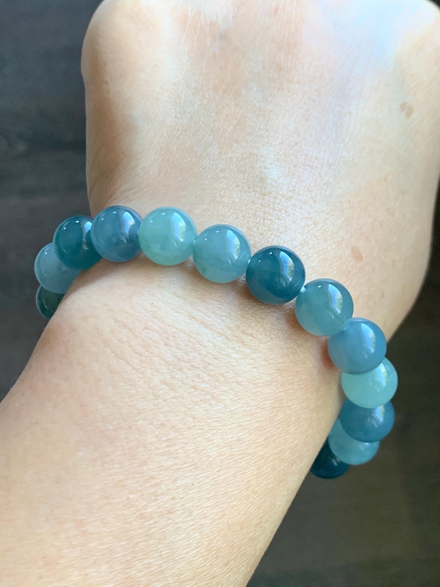 Natural Grade A Guatemalan Icy Highly Translucent Gelatinous Multicolored Jade Jadeite Beaded Bracelet 9.6mm 7” 30g 天然老种冰危蓝水多宝翡翠手串 DWDB240