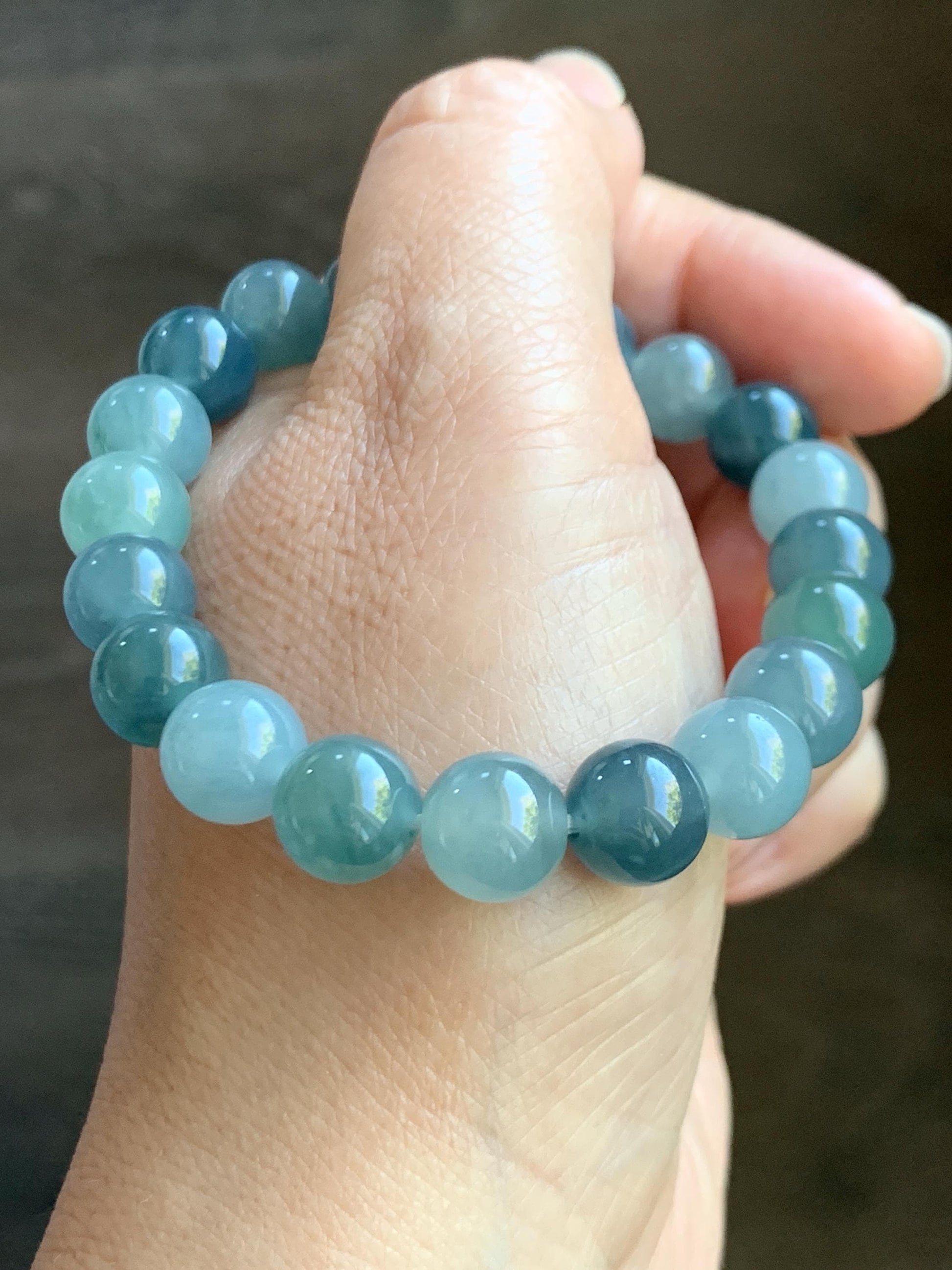 Natural Grade A Guatemalan Icy Highly Translucent Gelatinous Multicolored Jade Jadeite Beaded Bracelet 9.6mm 7” 30g 天然老种冰危蓝水多宝翡翠手串 DWDB240