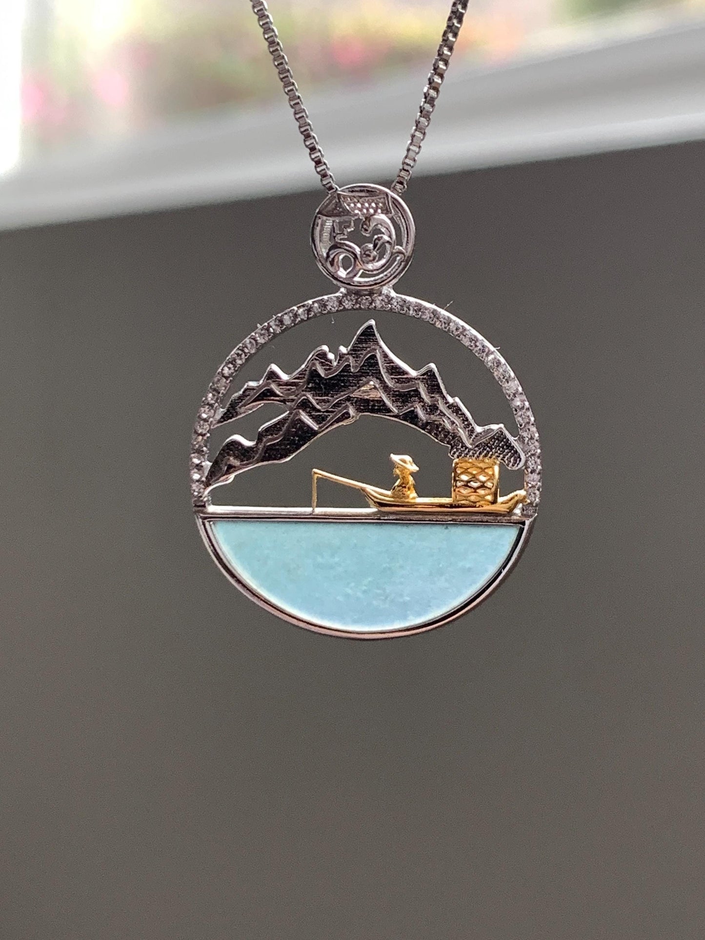 Natural Grade A Guatemalan Icy Highly Translucent Blue Half Moon Jade Jadeite Shan Shui Pendant Sterling Silver 3g 天然高冰危蓝翡翠半圆无事牌山水镶嵌吊坠WDY165