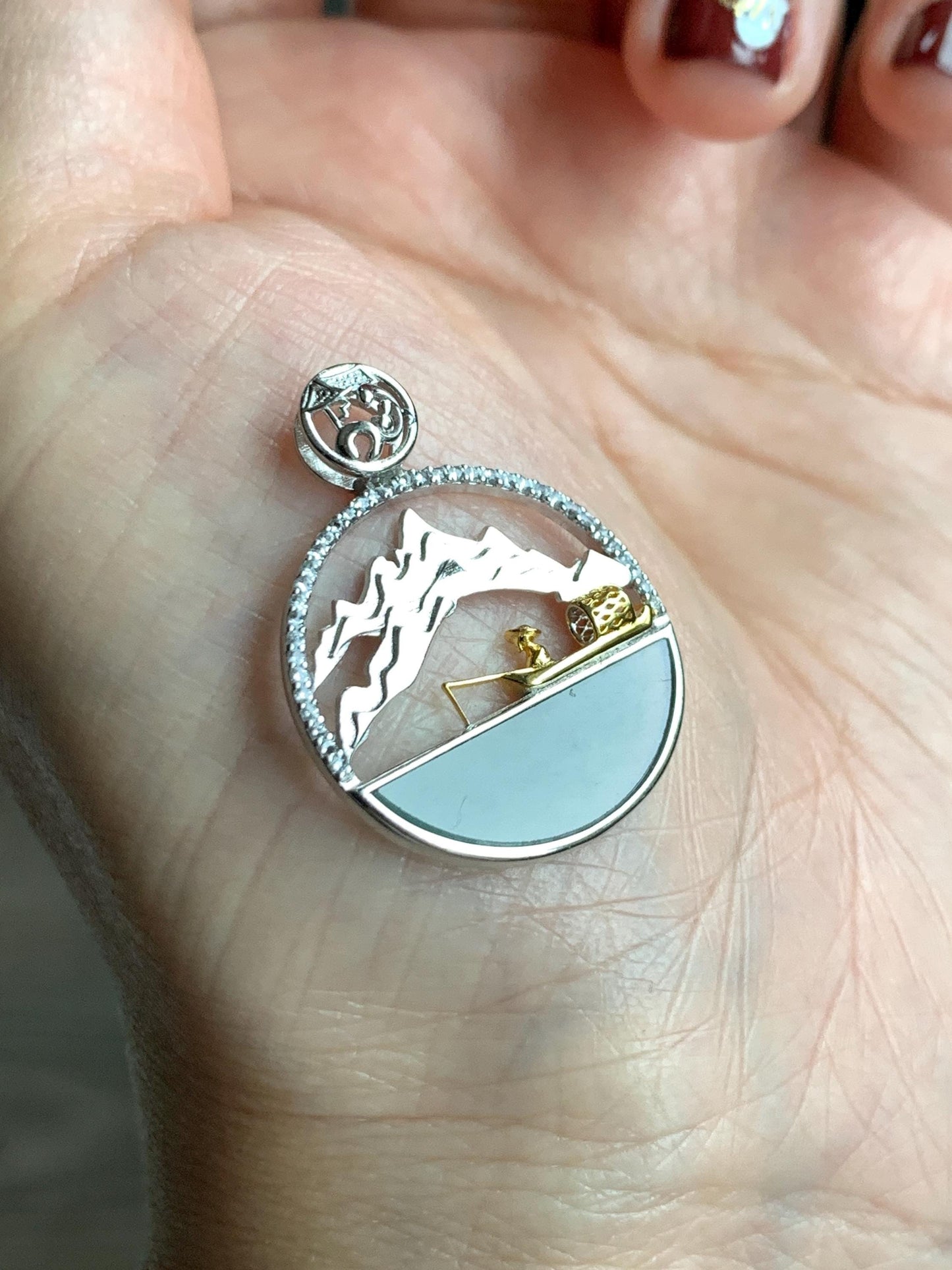 Natural Grade A Guatemalan Icy Highly Translucent Blue Half Moon Jade Jadeite Shan Shui Pendant Sterling Silver 3g 天然高冰危蓝翡翠半圆无事牌山水镶嵌吊坠WDY165