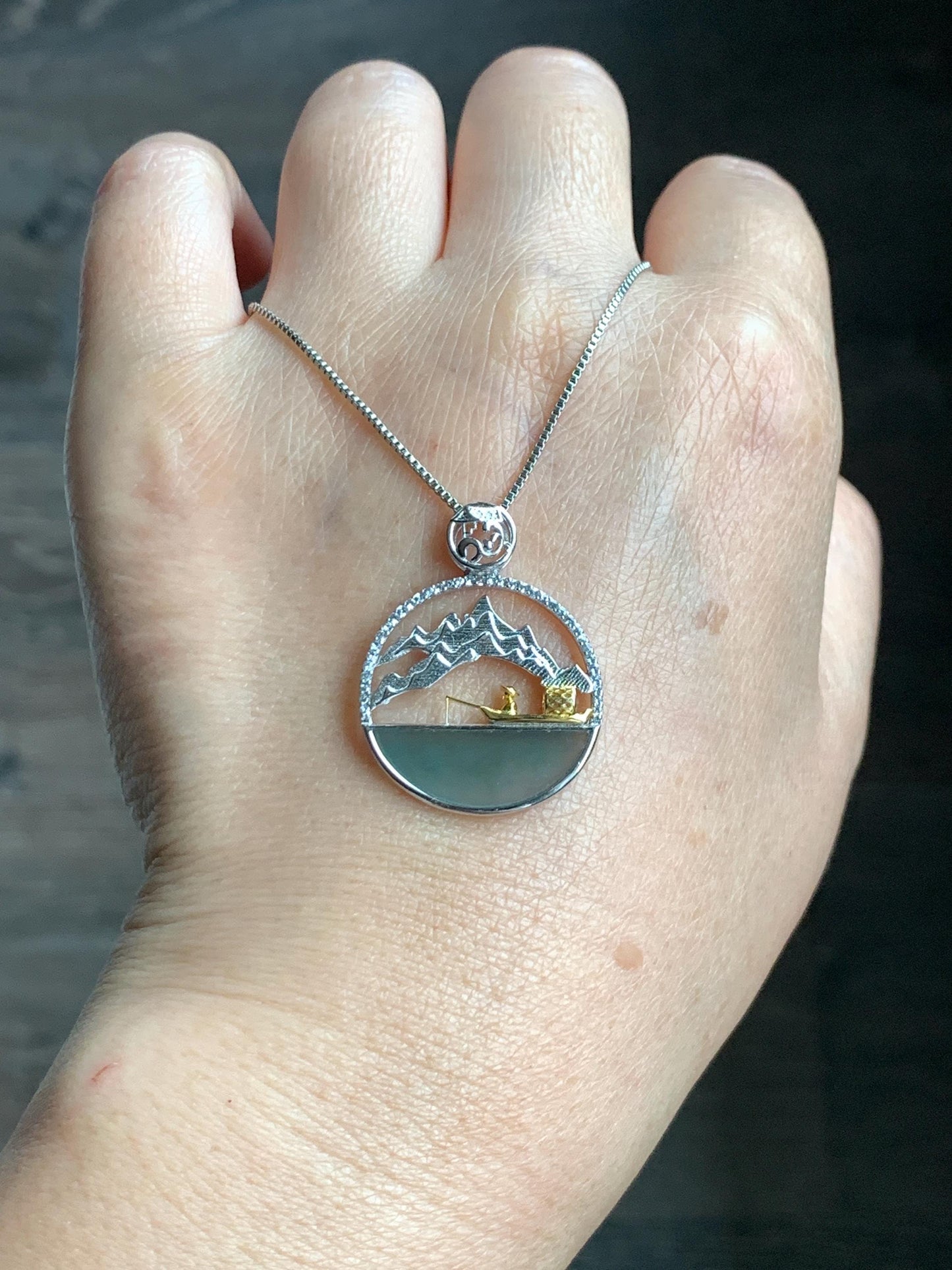 Natural Grade A Guatemalan Icy Highly Translucent Blue Half Moon Jade Jadeite Shan Shui Pendant Sterling Silver 3g 天然高冰危蓝翡翠半圆无事牌山水镶嵌吊坠WDY165