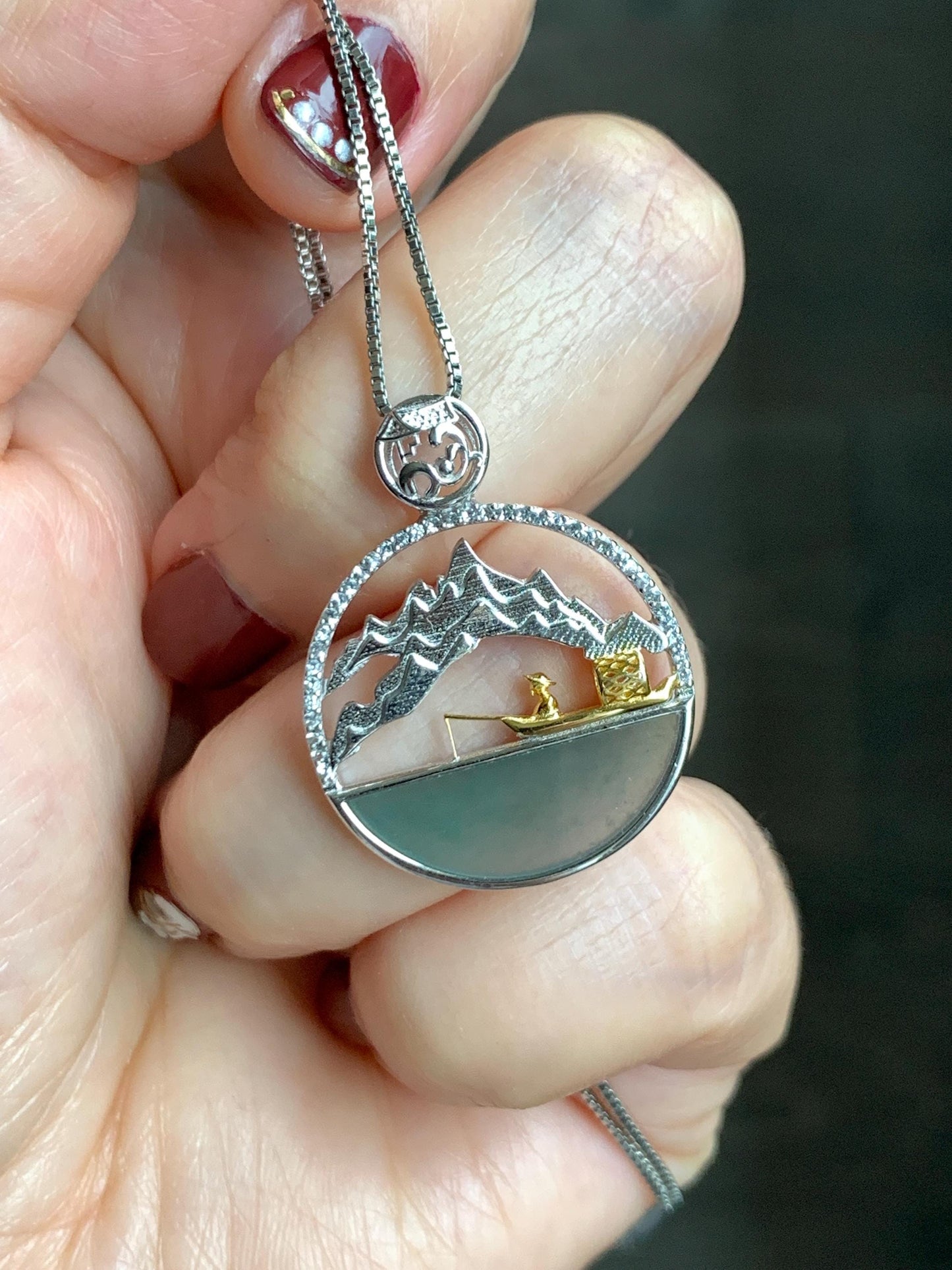 Natural Grade A Guatemalan Icy Highly Translucent Blue Half Moon Jade Jadeite Shan Shui Pendant Sterling Silver 3g 天然高冰危蓝翡翠半圆无事牌山水镶嵌吊坠WDY165