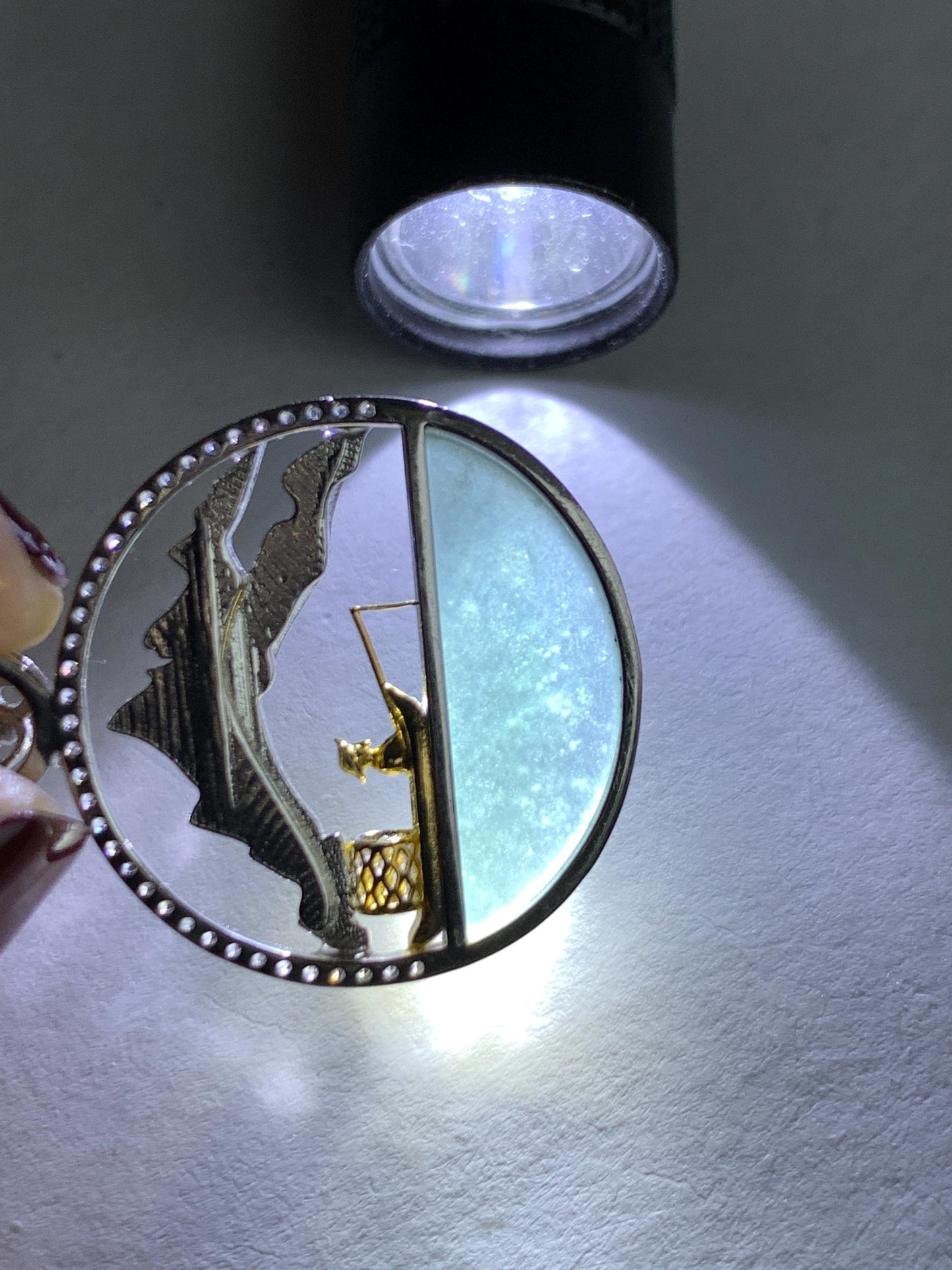 Natural Grade A Guatemalan Icy Highly Translucent Blue Half Moon Jade Jadeite Shan Shui Pendant Sterling Silver 3g 天然高冰危蓝翡翠半圆无事牌山水镶嵌吊坠WDY165