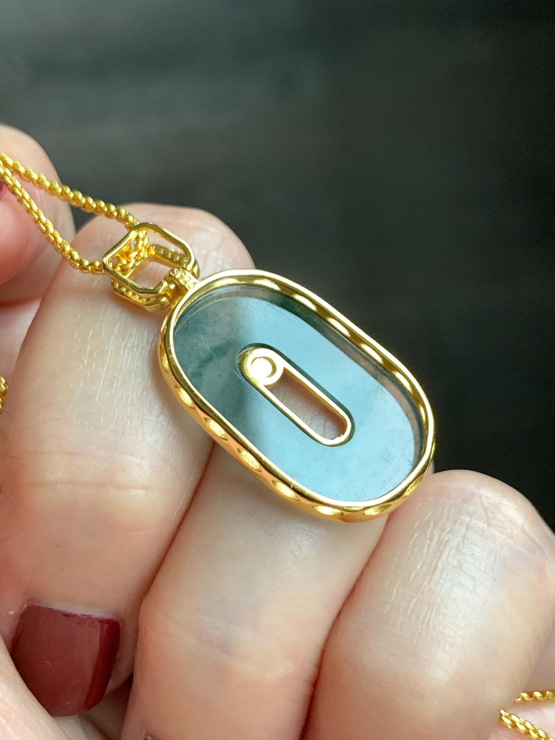 Natural Grade A Guatemalan Icy Highly Translucent Green Marbled Jade Jadeite Oval Donut Pendant Sterling Silver 2g 天然高冰危飘花翡翠椭圆平安扣镶嵌吊坠 TYK165