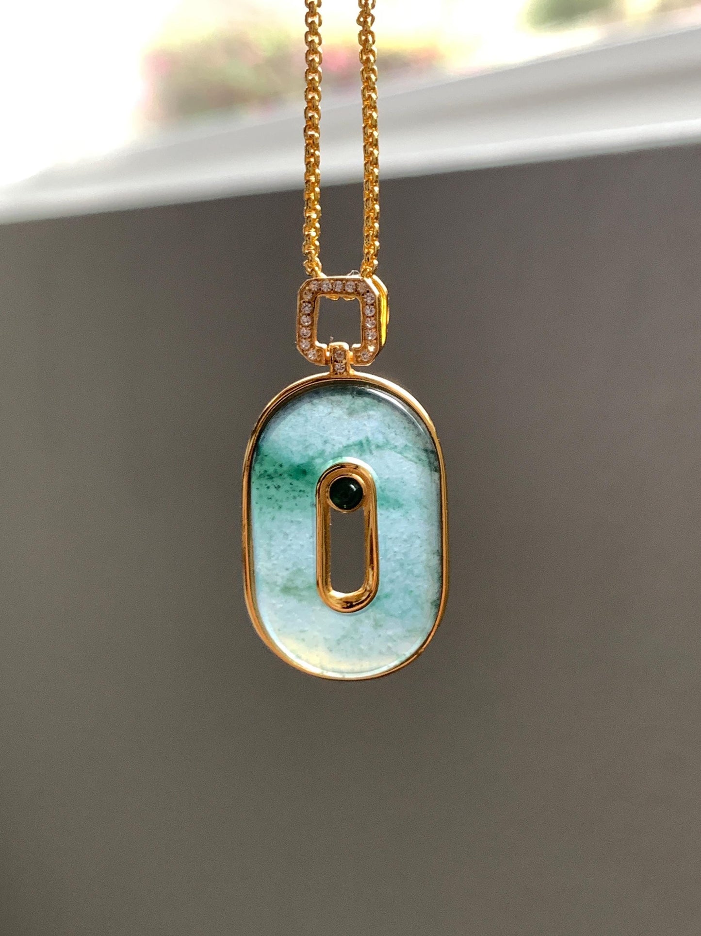 Natural Grade A Guatemalan Icy Highly Translucent Green Marbled Jade Jadeite Oval Donut Pendant Sterling Silver 2g 天然高冰危飘花翡翠椭圆平安扣镶嵌吊坠 TYK165