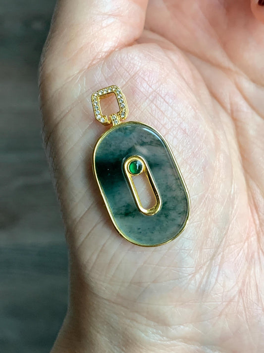 Natural Grade A Guatemalan Icy Highly Translucent Green Marbled Jade Jadeite Oval Donut Pendant Sterling Silver 2g 天然高冰危飘花翡翠椭圆平安扣镶嵌吊坠 TYK165