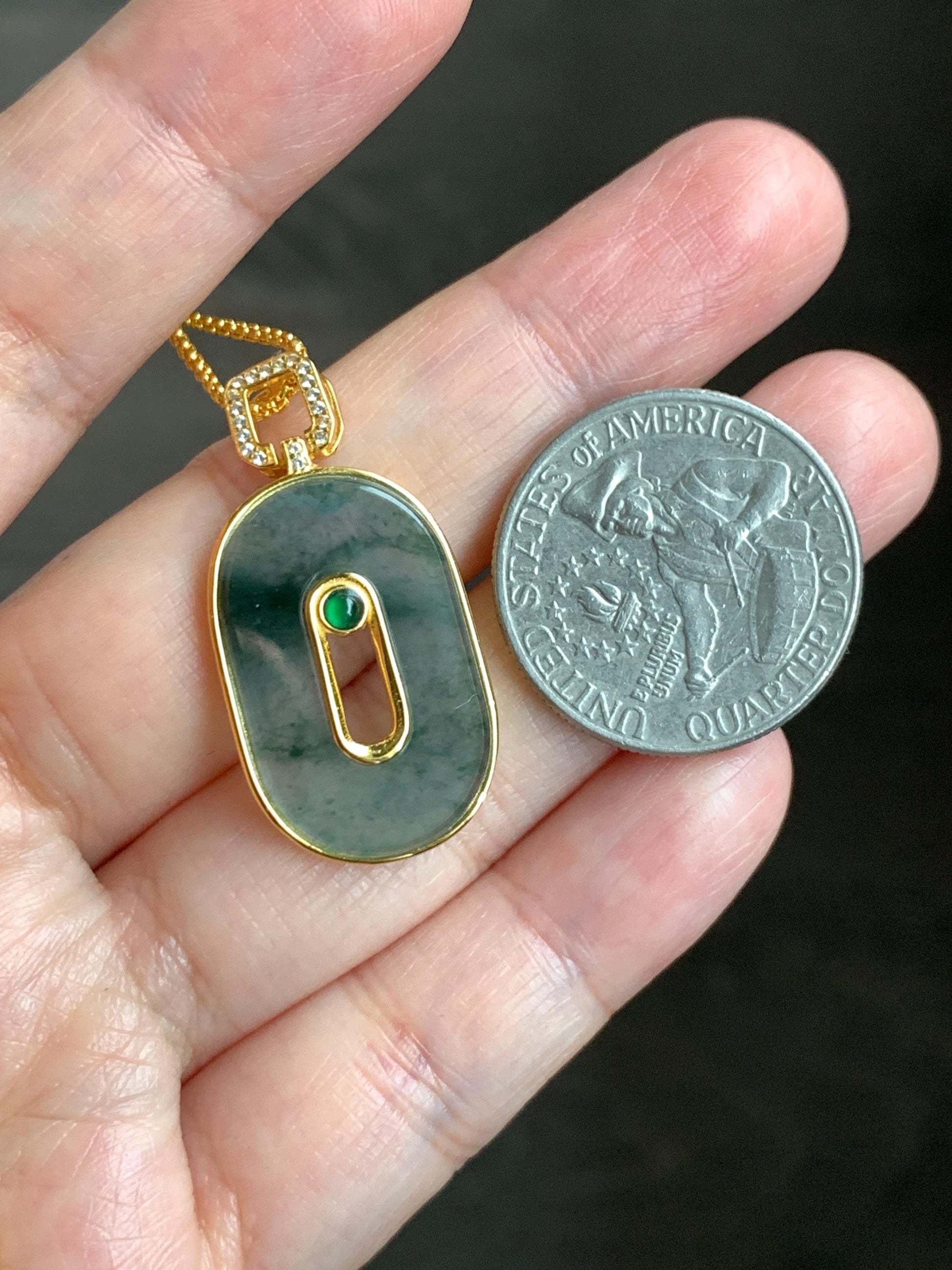 Natural Grade A Guatemalan Icy Highly Translucent Green Marbled Jade Jadeite Oval Donut Pendant Sterling Silver 2g 天然高冰危飘花翡翠椭圆平安扣镶嵌吊坠 TYK165
