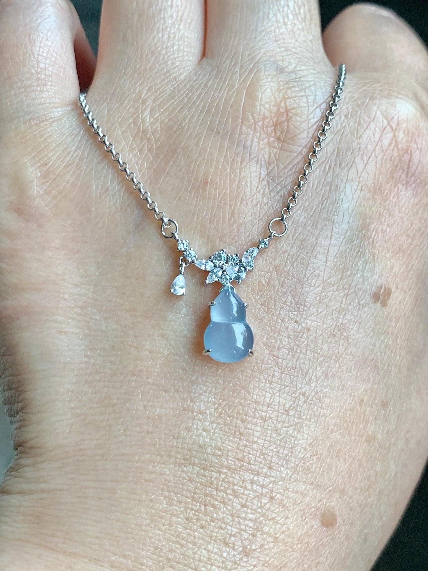 Natural Grade A Guatemalan Icy Translucent Purplish Blue Jade Jadeite Gourd Hulu Necklace Sterling Silver 16”-18.25” 3g 天然冰危蓝翡翠葫芦锁骨链 XZG165