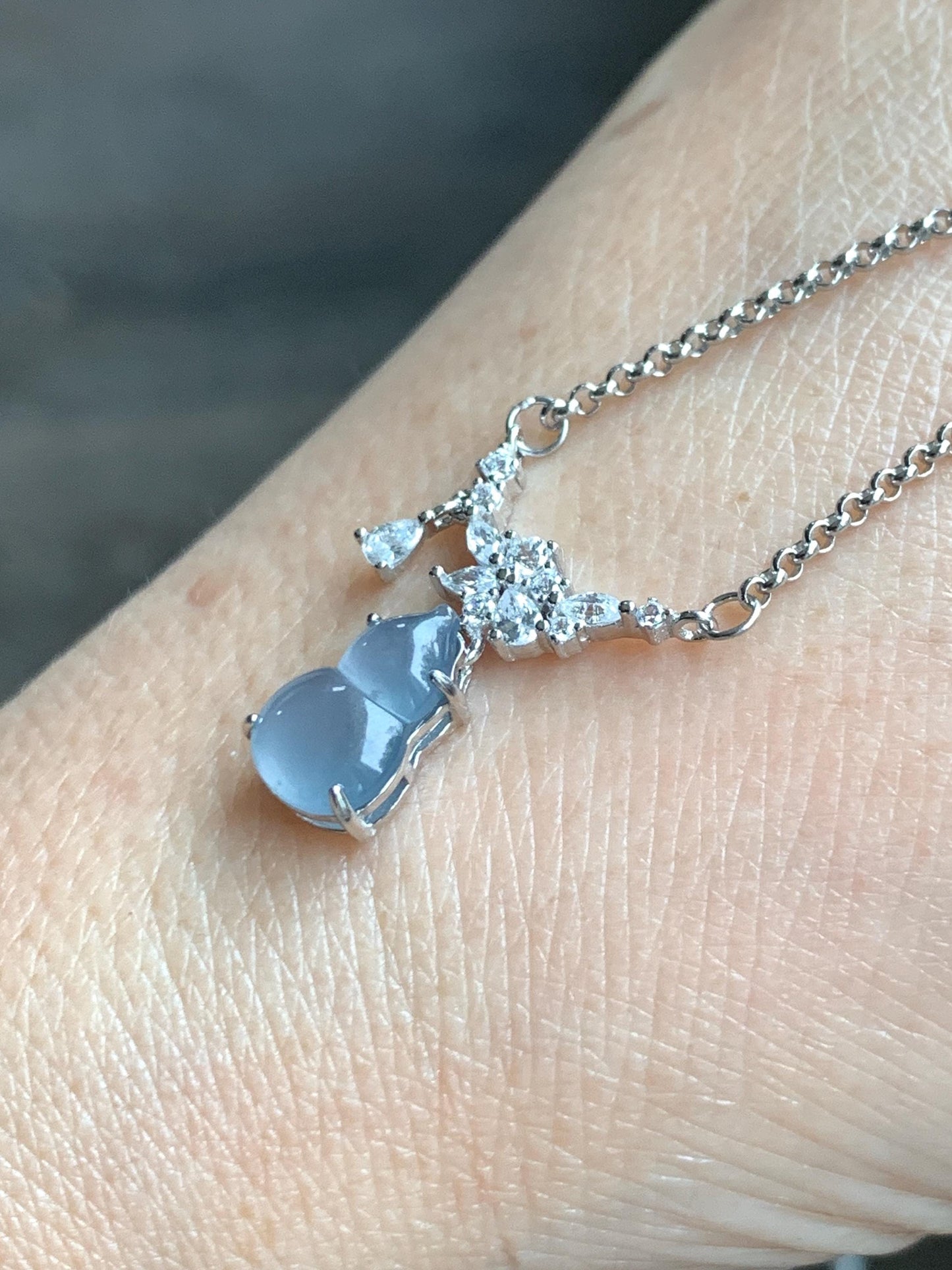 Natural Grade A Guatemalan Icy Translucent Purplish Blue Jade Jadeite Gourd Hulu Necklace Sterling Silver 16”-18.25” 3g 天然冰危蓝翡翠葫芦锁骨链 XZG165