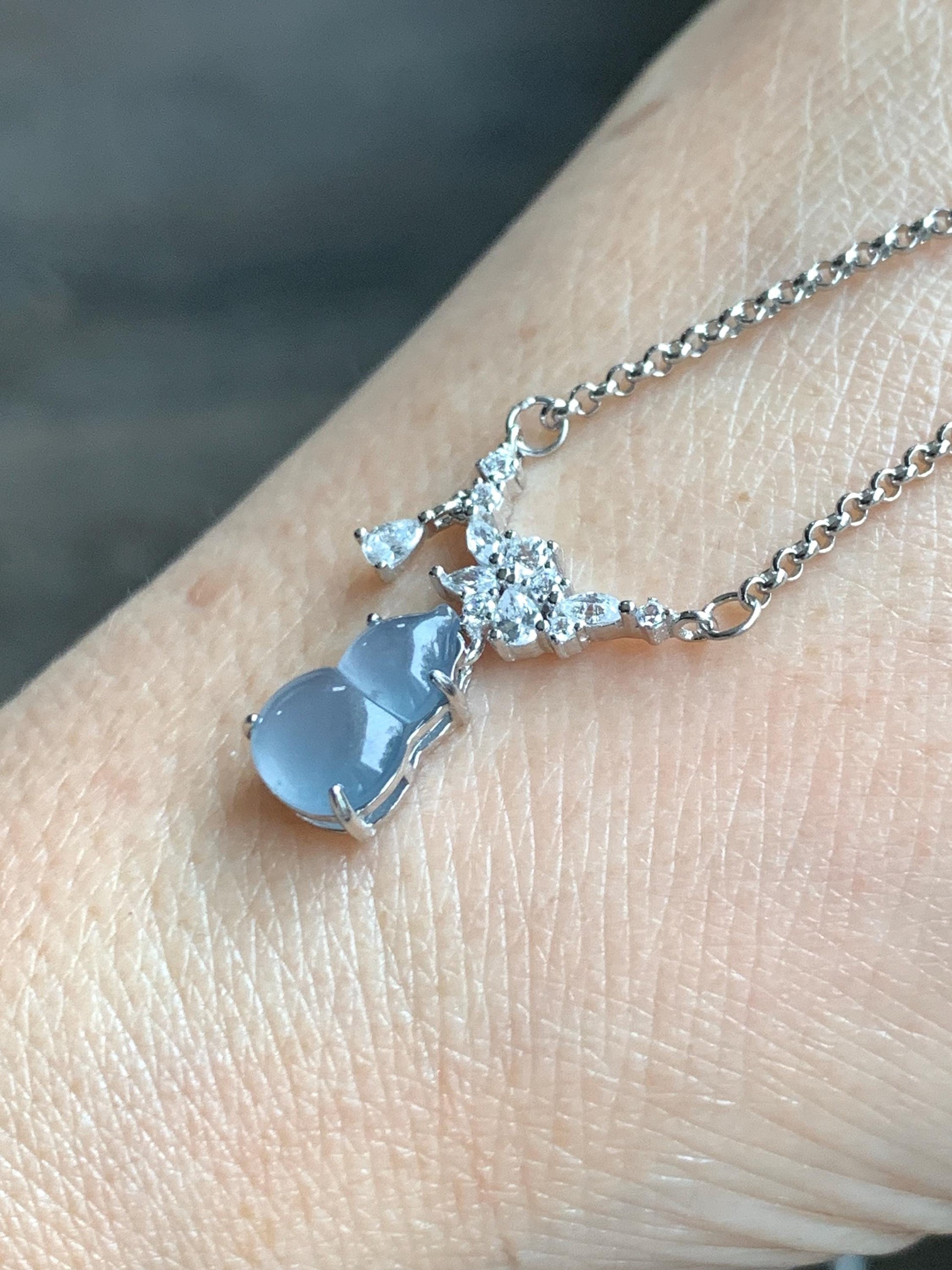 Natural Grade A Guatemalan Icy Translucent Purplish Blue Jade Jadeite Gourd Hulu Necklace Sterling Silver 16”-18.25” 3g 天然冰危蓝翡翠葫芦锁骨链 XZG165