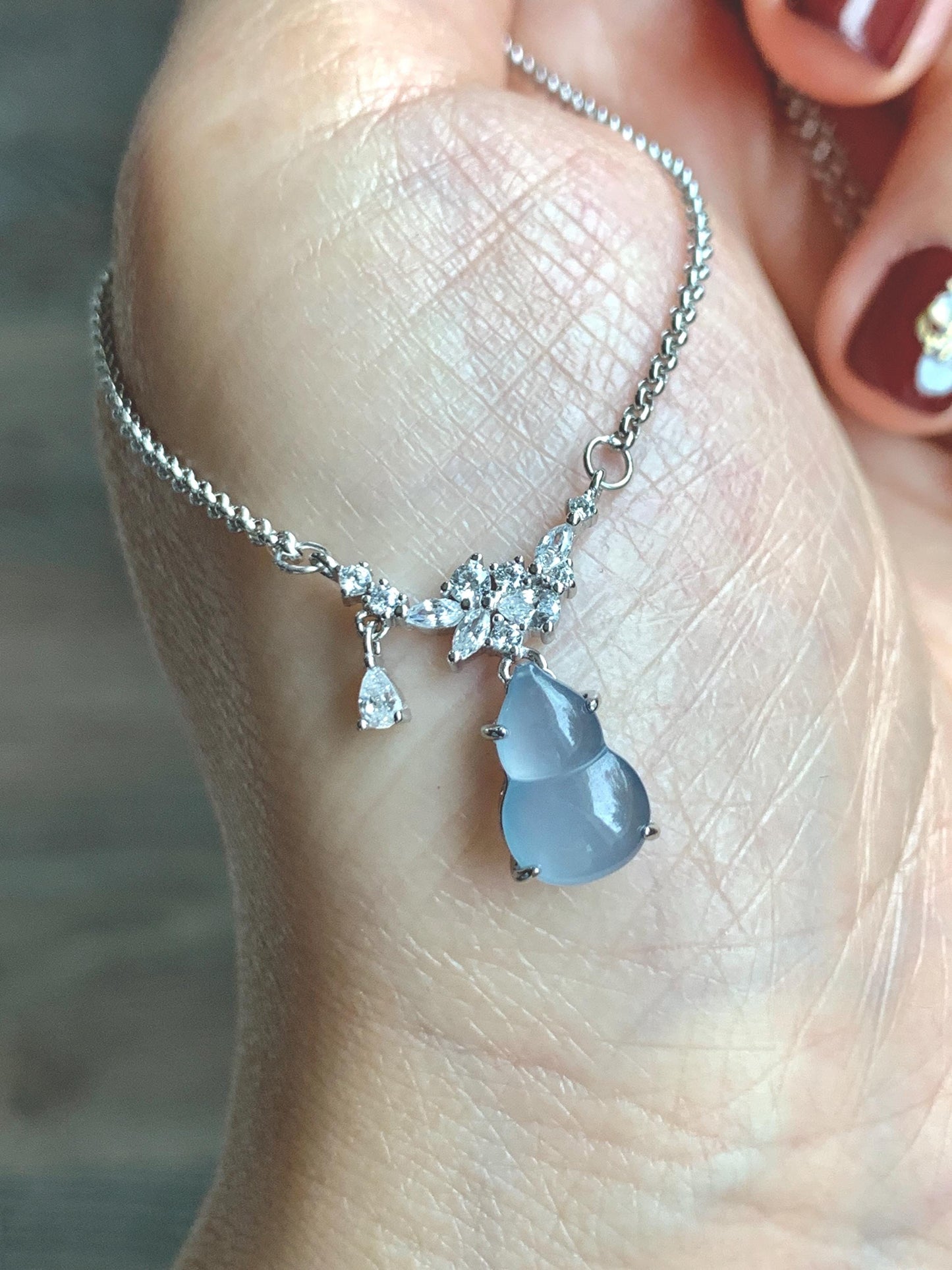 Natural Grade A Guatemalan Icy Translucent Purplish Blue Jade Jadeite Gourd Hulu Necklace Sterling Silver 16”-18.25” 3g 天然冰危蓝翡翠葫芦锁骨链 XZG165