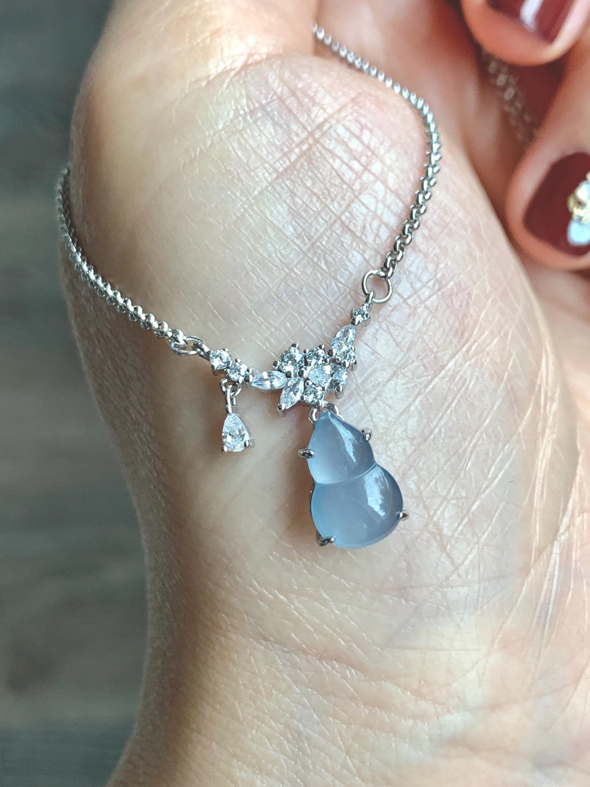 Natural Grade A Guatemalan Icy Translucent Purplish Blue Jade Jadeite Gourd Hulu Necklace Sterling Silver 16”-18.25” 3g 天然冰危蓝翡翠葫芦锁骨链 XZG165