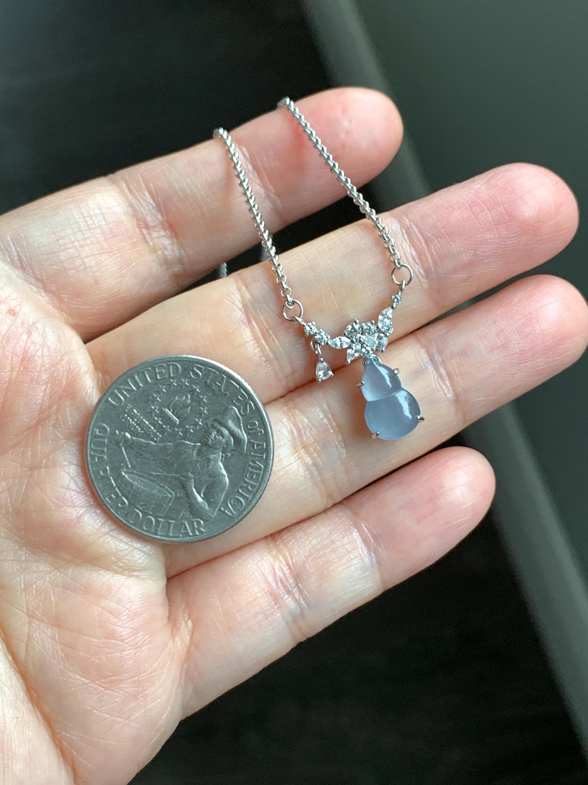 Natural Grade A Guatemalan Icy Translucent Purplish Blue Jade Jadeite Gourd Hulu Necklace Sterling Silver 16”-18.25” 3g 天然冰危蓝翡翠葫芦锁骨链 XZG165