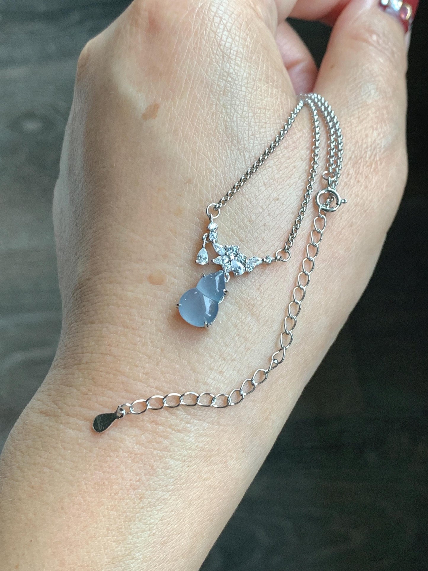 Natural Grade A Guatemalan Icy Translucent Purplish Blue Jade Jadeite Gourd Hulu Necklace Sterling Silver 16”-18.25” 3g 天然冰危蓝翡翠葫芦锁骨链 XZG165