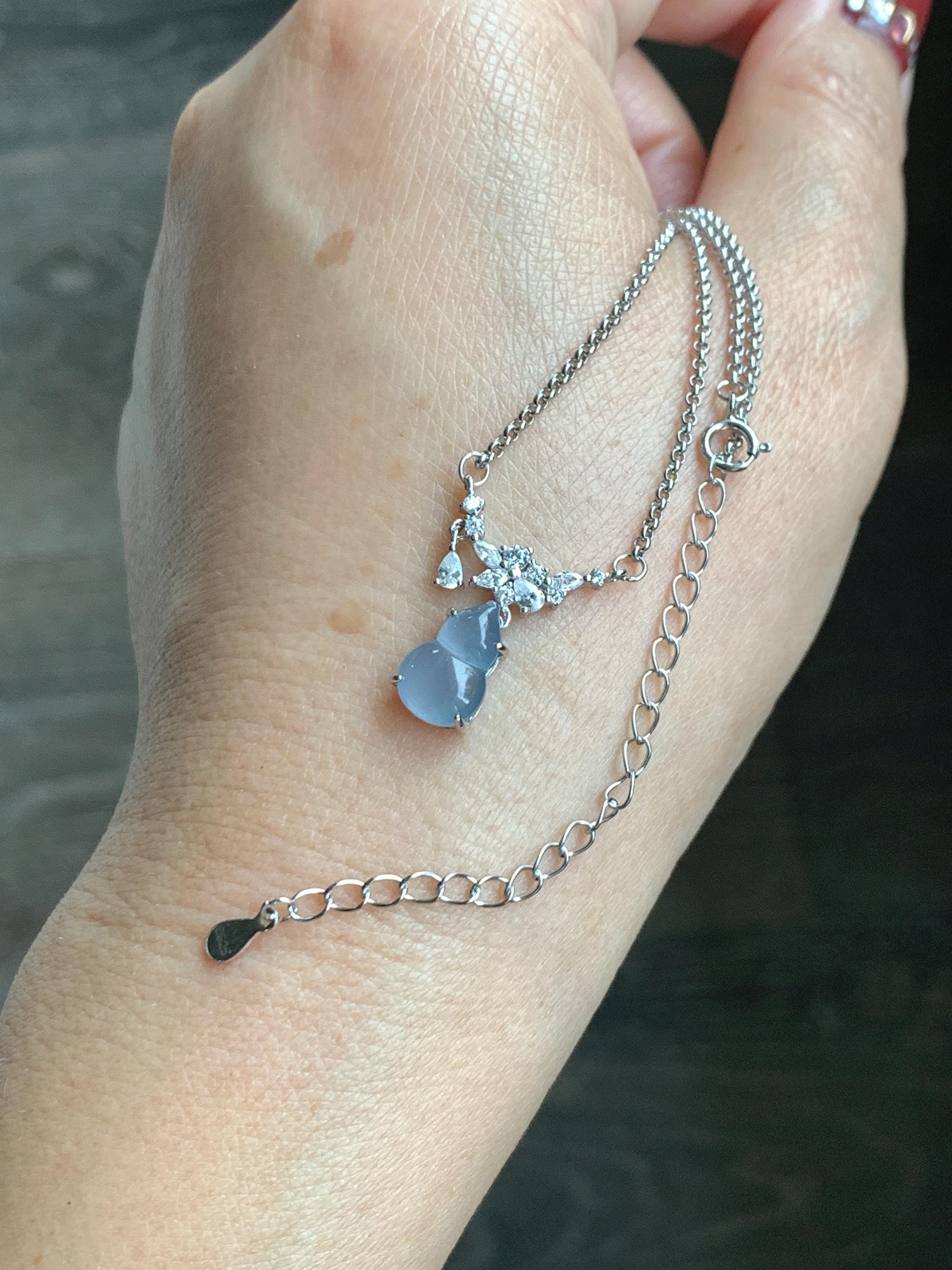 Natural Grade A Guatemalan Icy Translucent Purplish Blue Jade Jadeite Gourd Hulu Necklace Sterling Silver 16”-18.25” 3g 天然冰危蓝翡翠葫芦锁骨链 XZG165