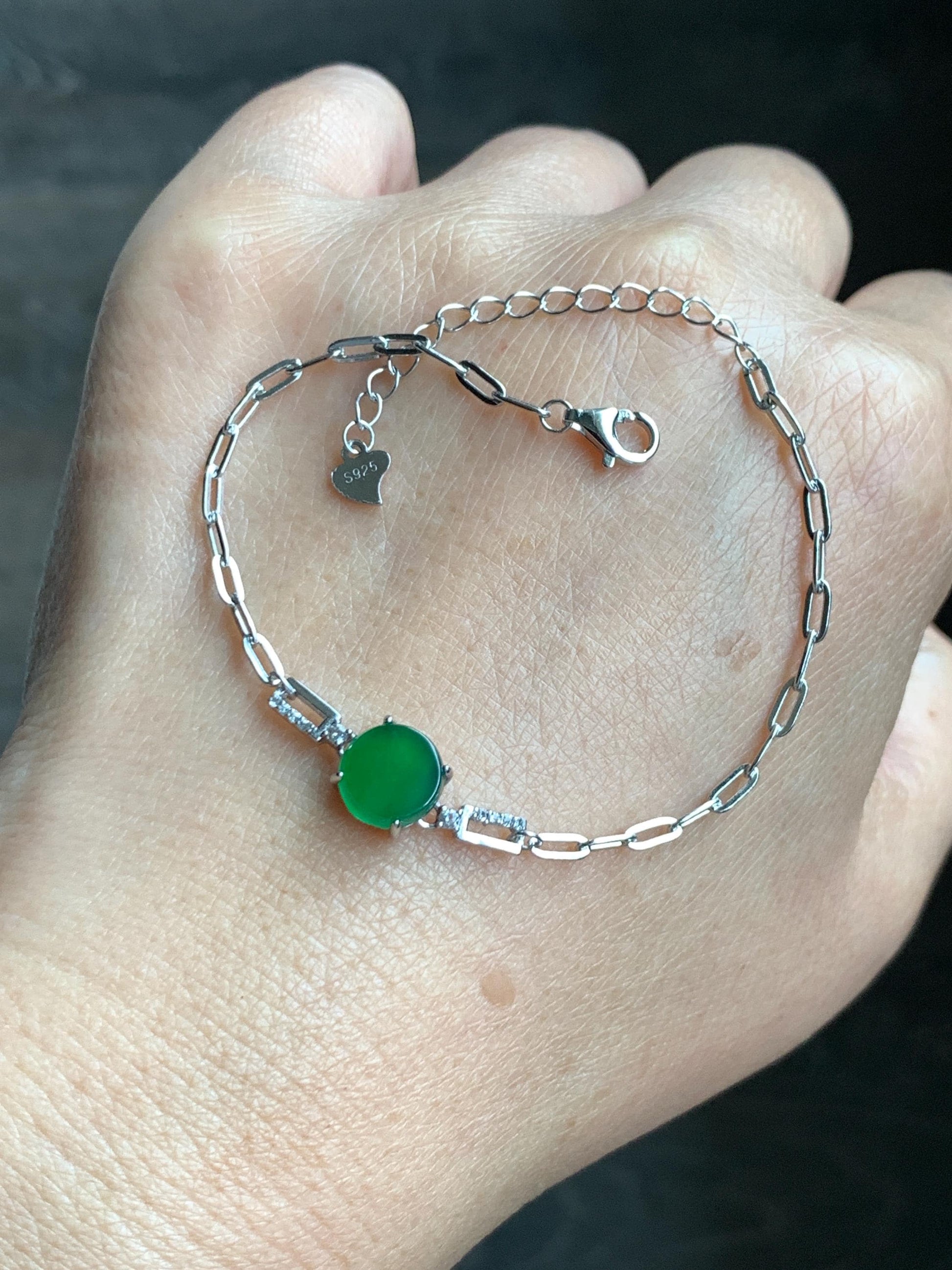 Natural Grade A Guatemalan Icy Translucent Vibrant Green Jade Jadeite Mini Coin Chain Bracelet Sterling Silver 6”-7.5” 天然冰危绿翡翠迷你无事飘银手链XLP143