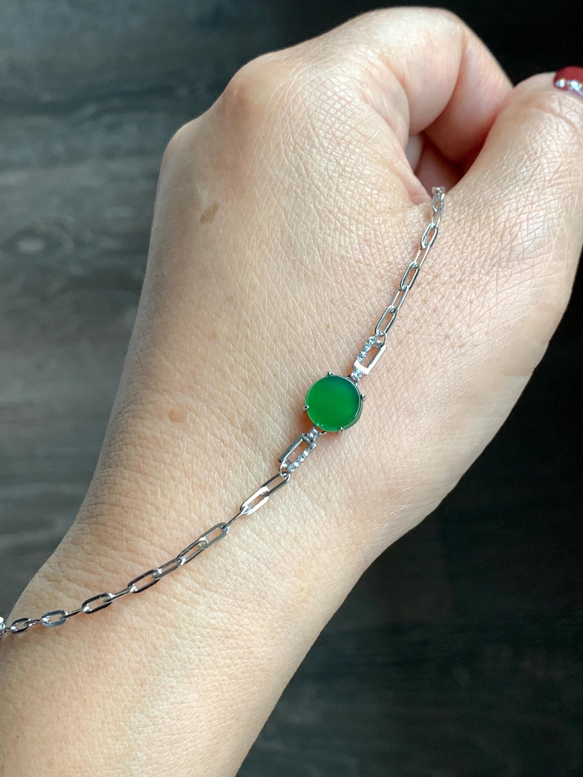 Natural Grade A Guatemalan Icy Translucent Vibrant Green Jade Jadeite Mini Coin Chain Bracelet Sterling Silver 6”-7.5” 天然冰危绿翡翠迷你无事飘银手链XLP143